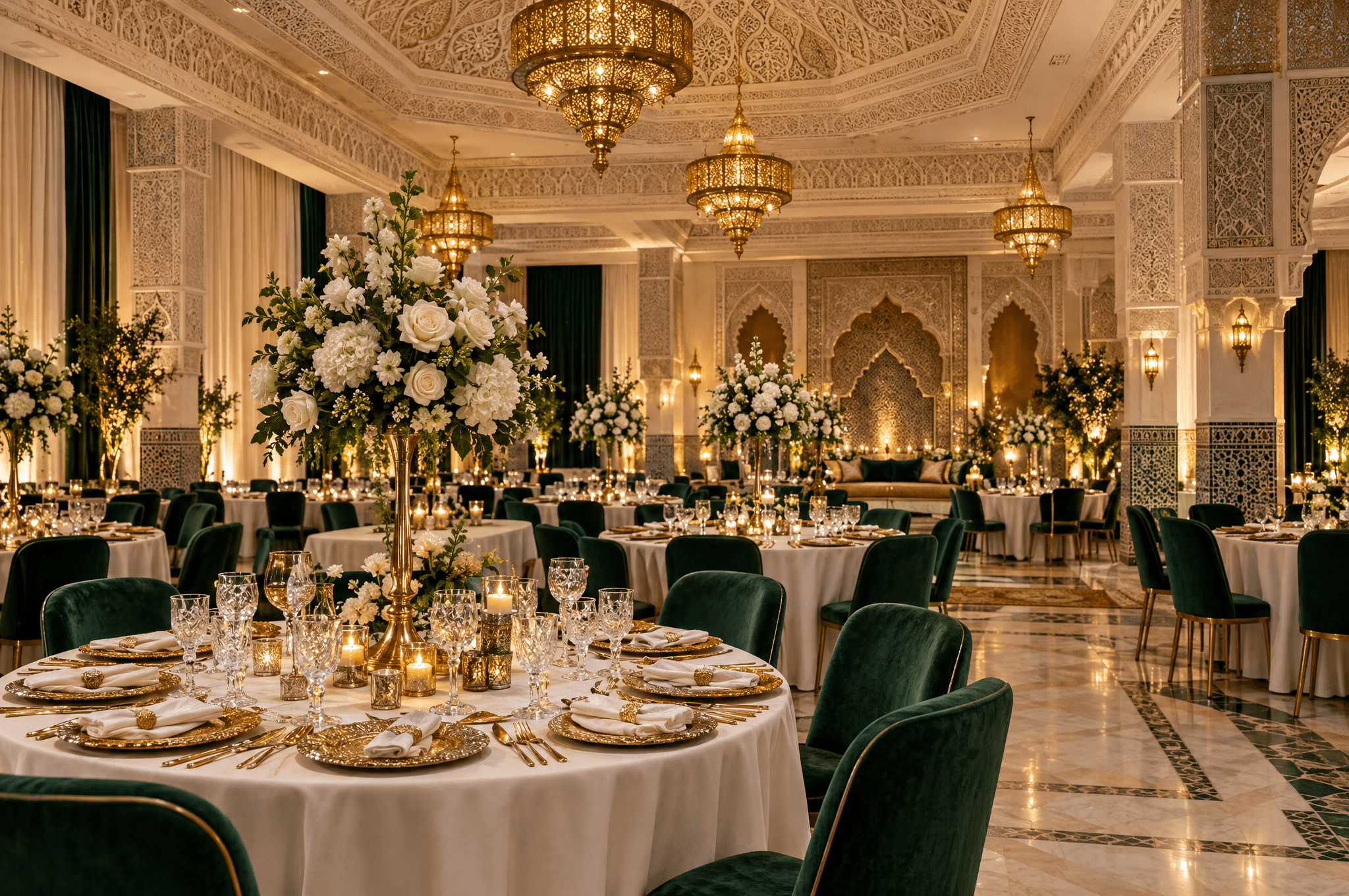 Une salle de réception marocaine élégante avant l’arrivée des invités, tables rondes nappées de blanc, centres de table de roses blanches, plafond sculpté et lustres en laiton