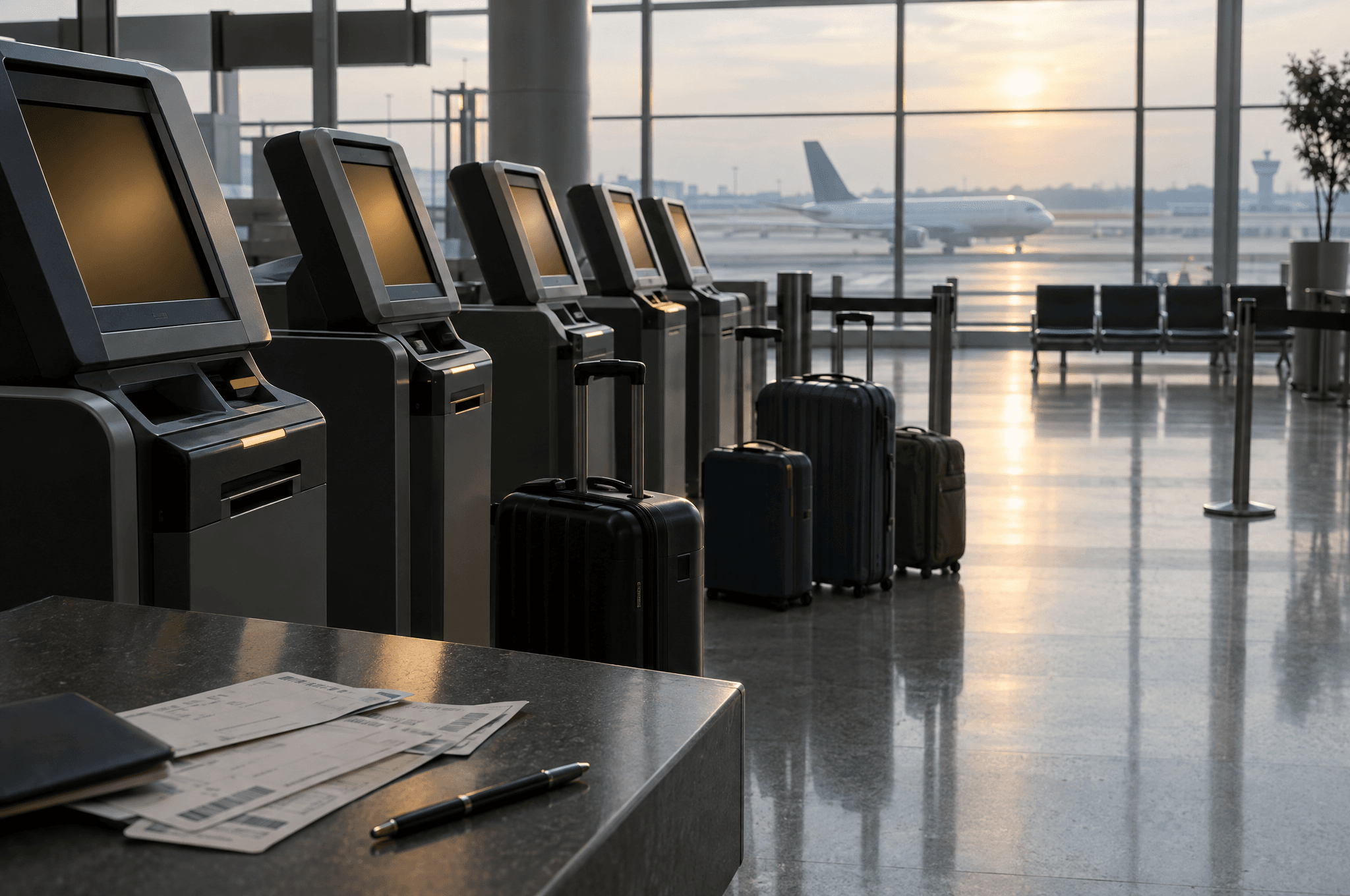 An airport hall with dark check-in kiosks and paper boarding passes