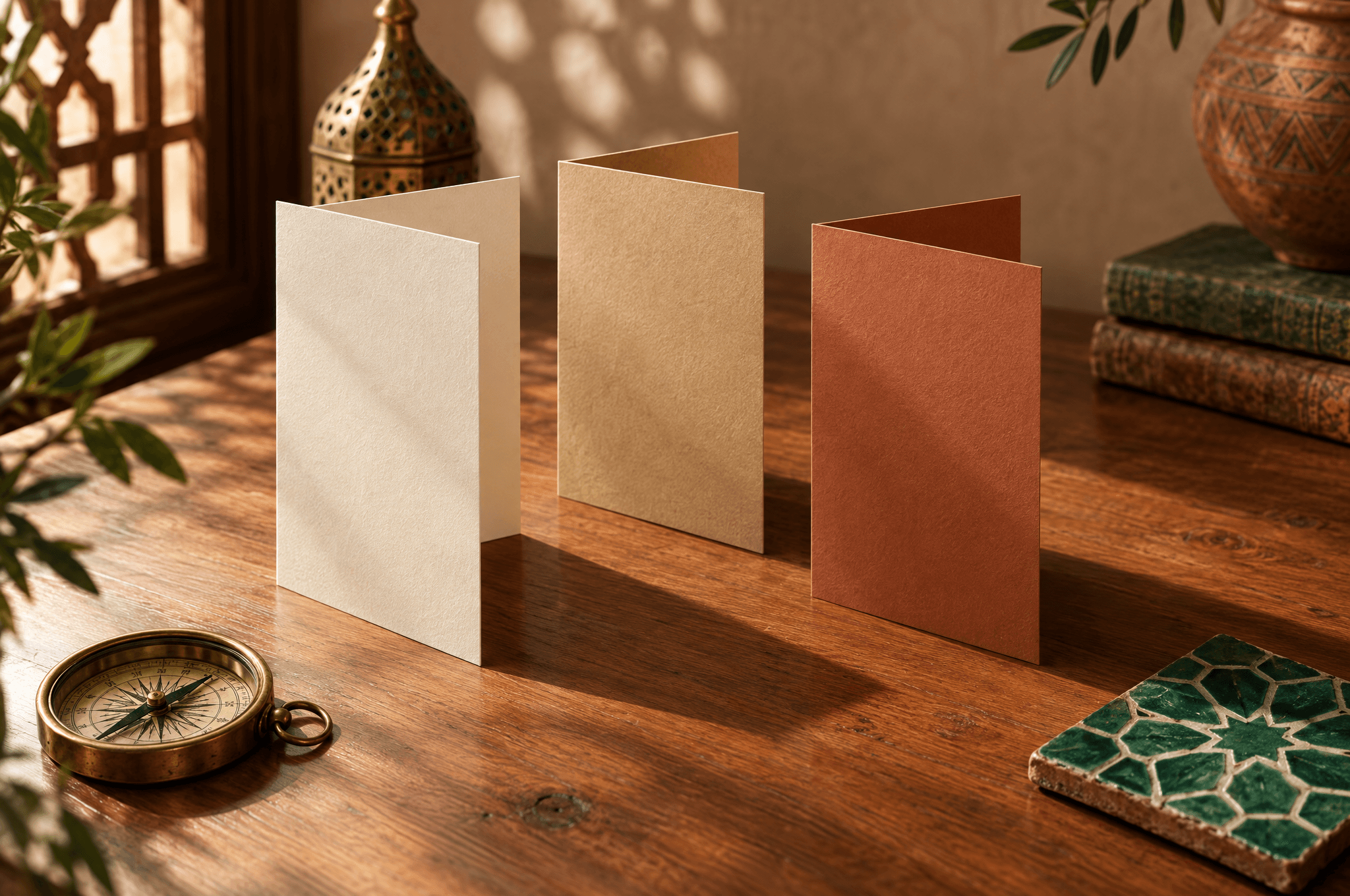 Trois cartes vierges crème, sable et terracotta dressées comme des portes ouvertes, avec une boussole en laiton sur un bureau en cèdre