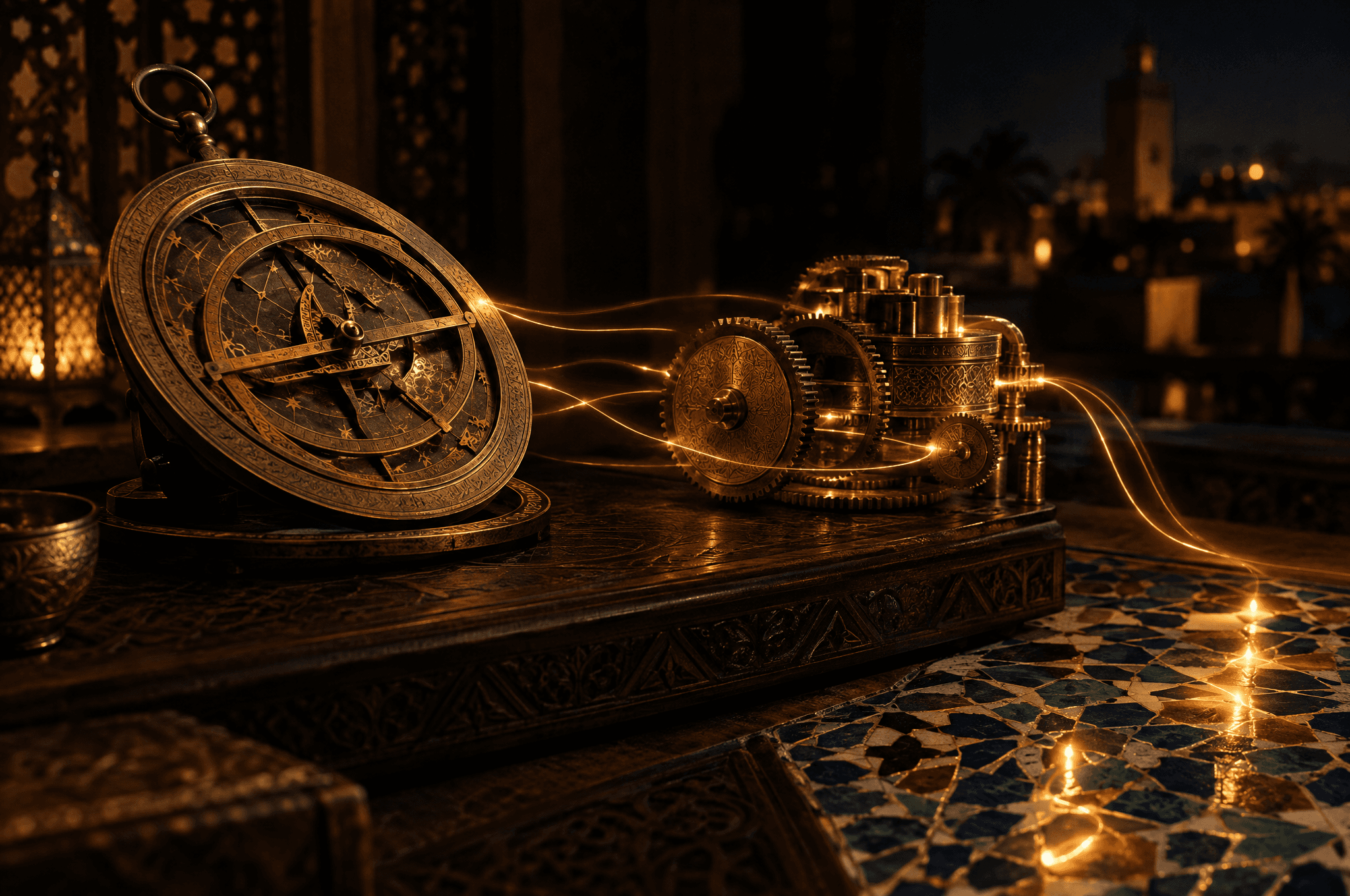 Un astrolabe et des engrenages en laiton reliés par des fils de lumière dorée, sur un bureau en cèdre la nuit