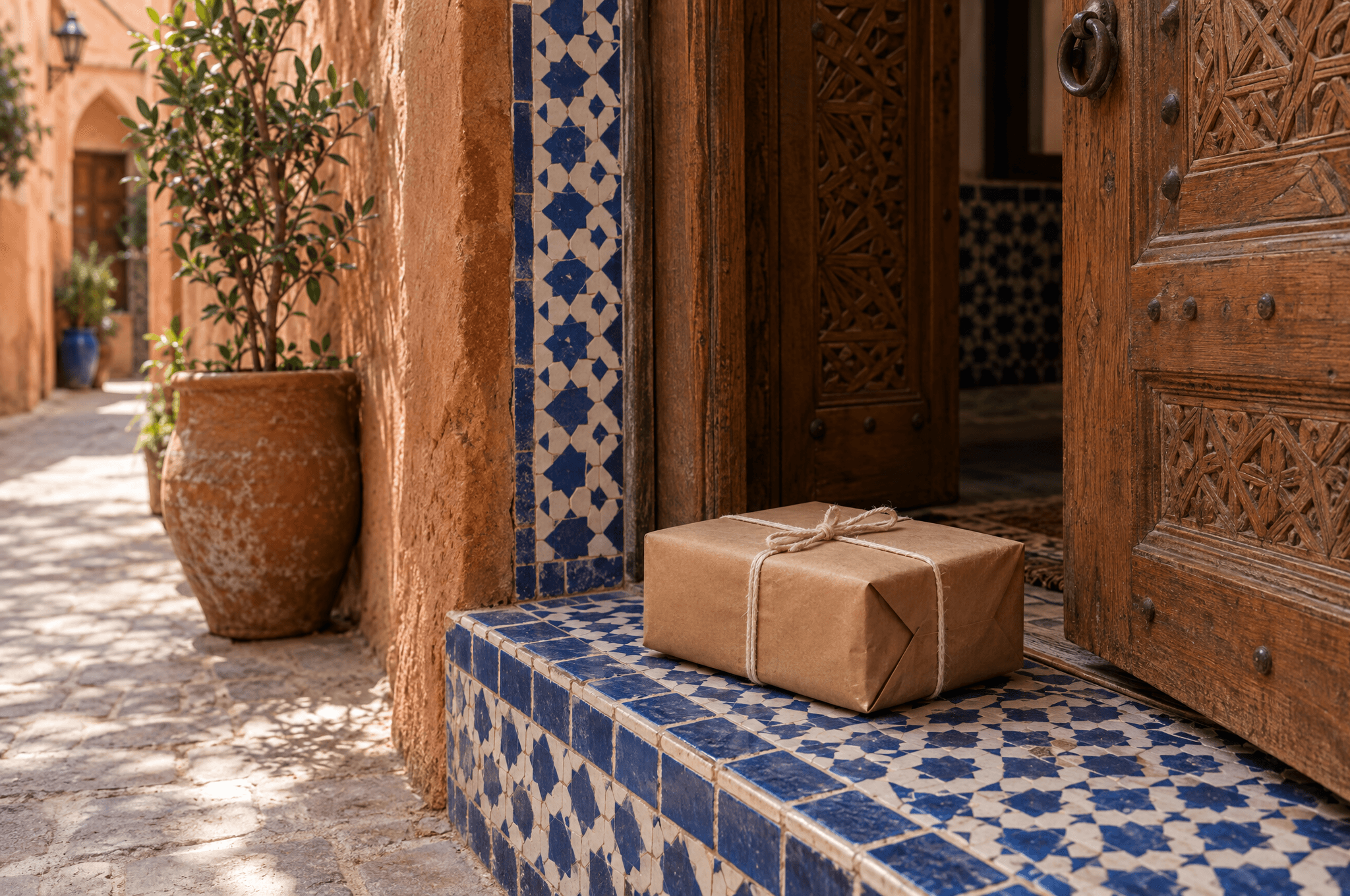 طرد مغلف بورق بني ومربوط بخيط قطني على عتبة من الزليج الأزرق والأبيض، بجانب باب خشبي منقوش نصف مفتوح