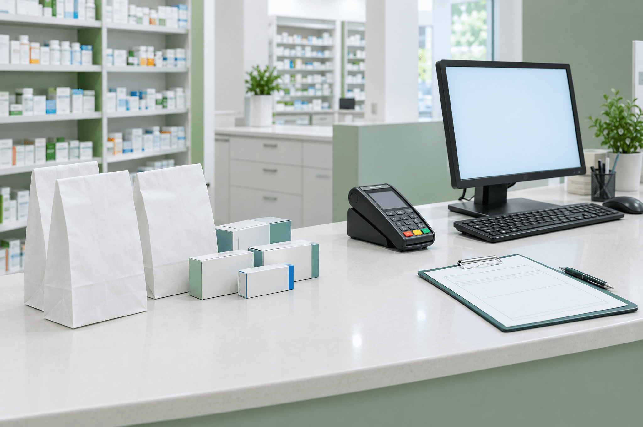 An empty pharmacy counter with prescription bags and blank screens