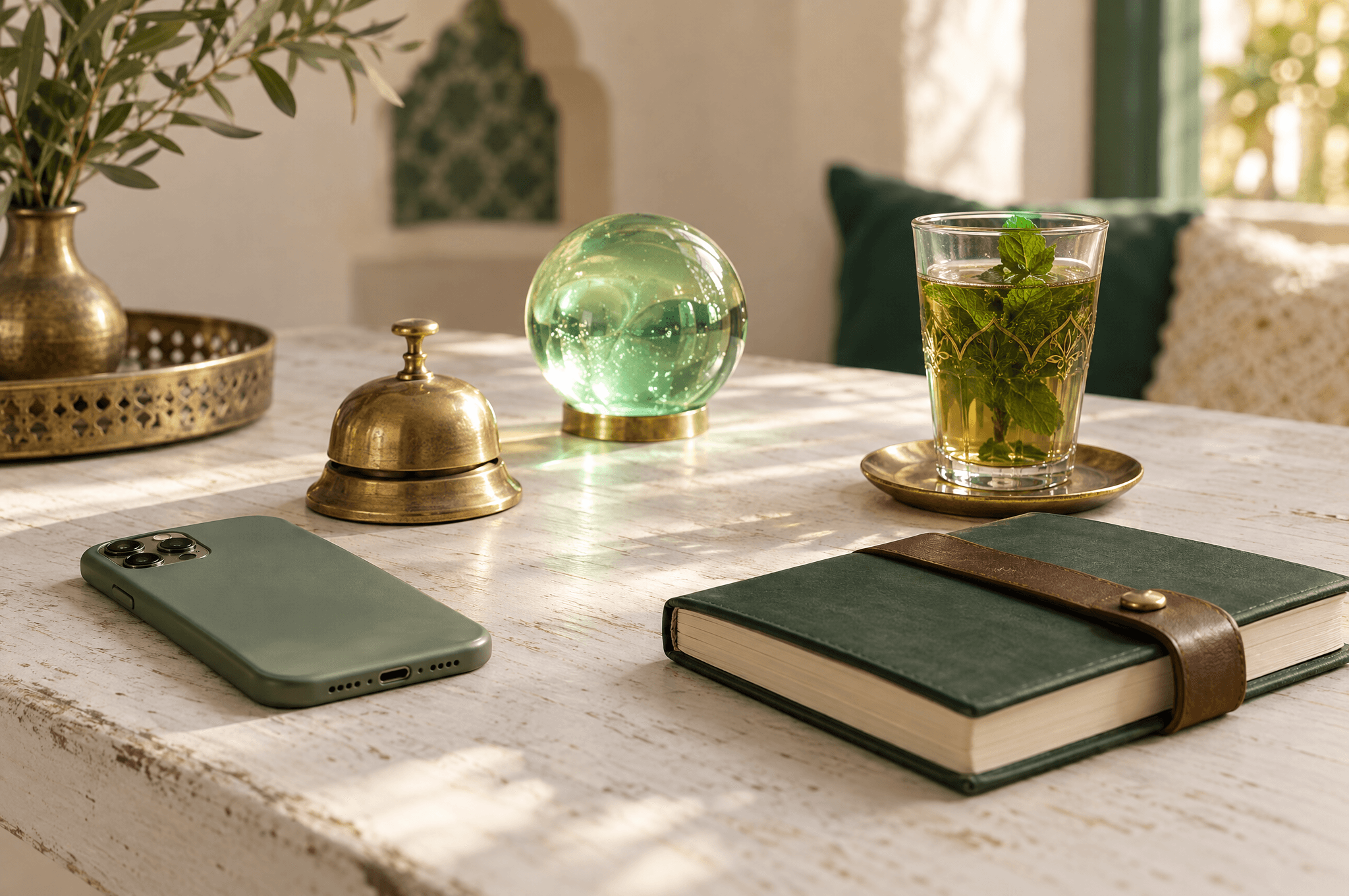Un téléphone posé face contre une table blanchie à la chaux, une clochette de bureau en laiton, un globe de verre à la lumière verte, un carnet en cuir et un thé à la menthe
