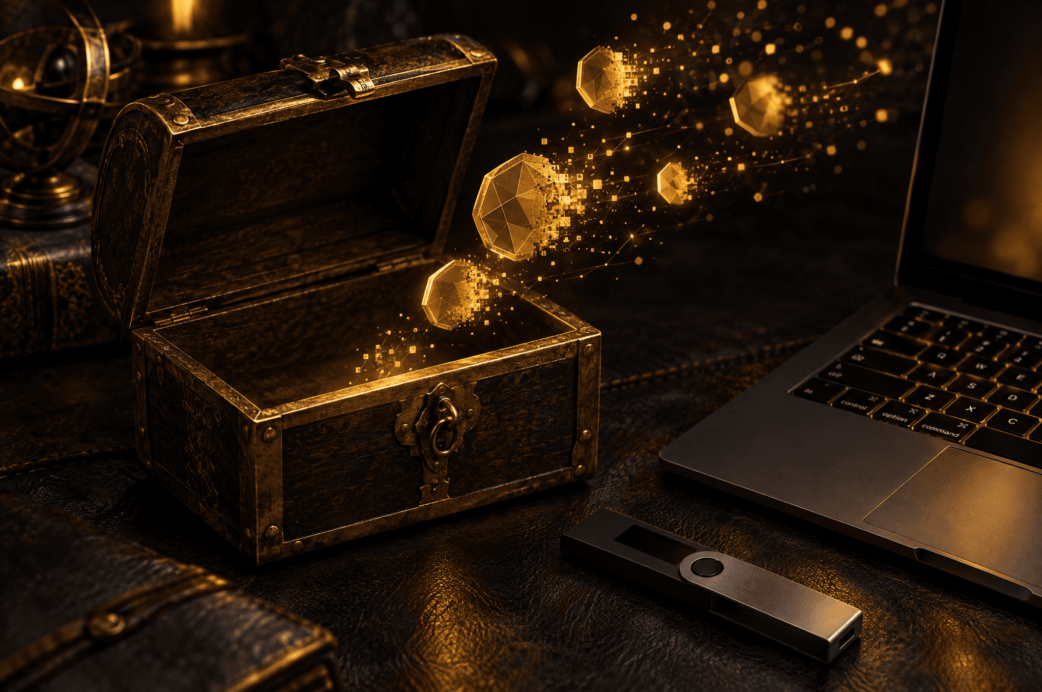 An empty brass-bound chest with gold coin shapes dissolving into light