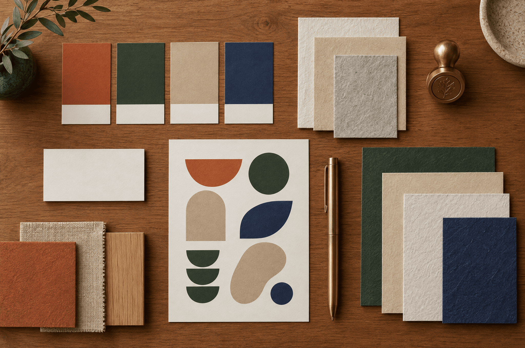 Un kit d’identité de marque sur un bureau en cèdre : nuanciers terre cuite, vert profond, sable et indigo, échantillons de papier, carte de visite vierge, cachet à gaufrer et stylo en laiton