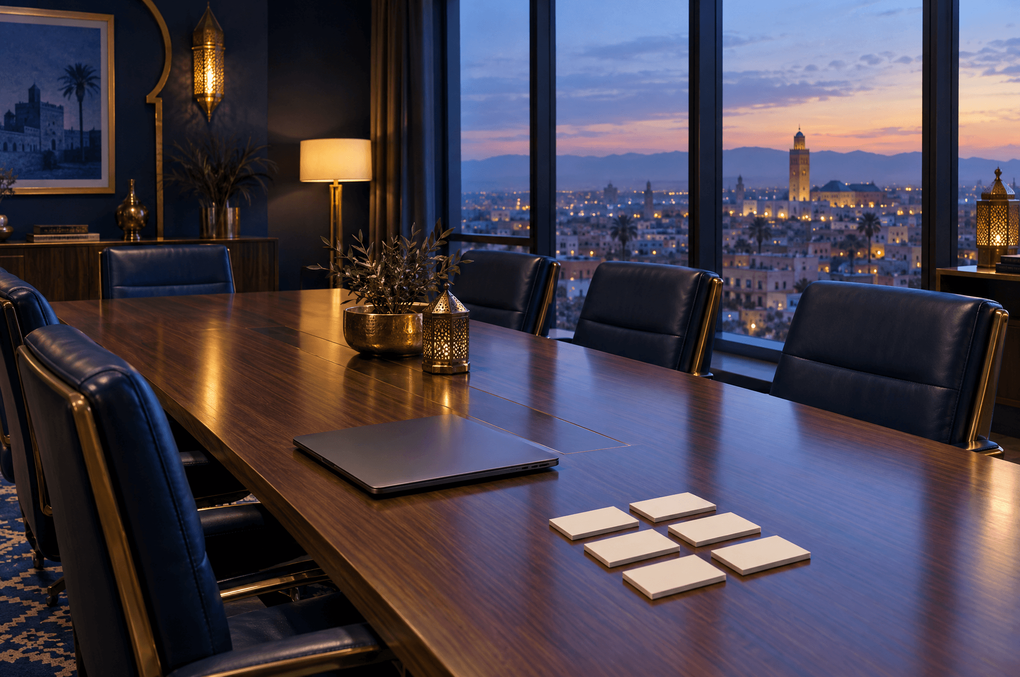 Un salon d’affaires moderne avec une longue table de réunion en noyer vide, des fauteuils en cuir, un ordinateur fermé et des cartes de visite vierges, face à une ville au crépuscule