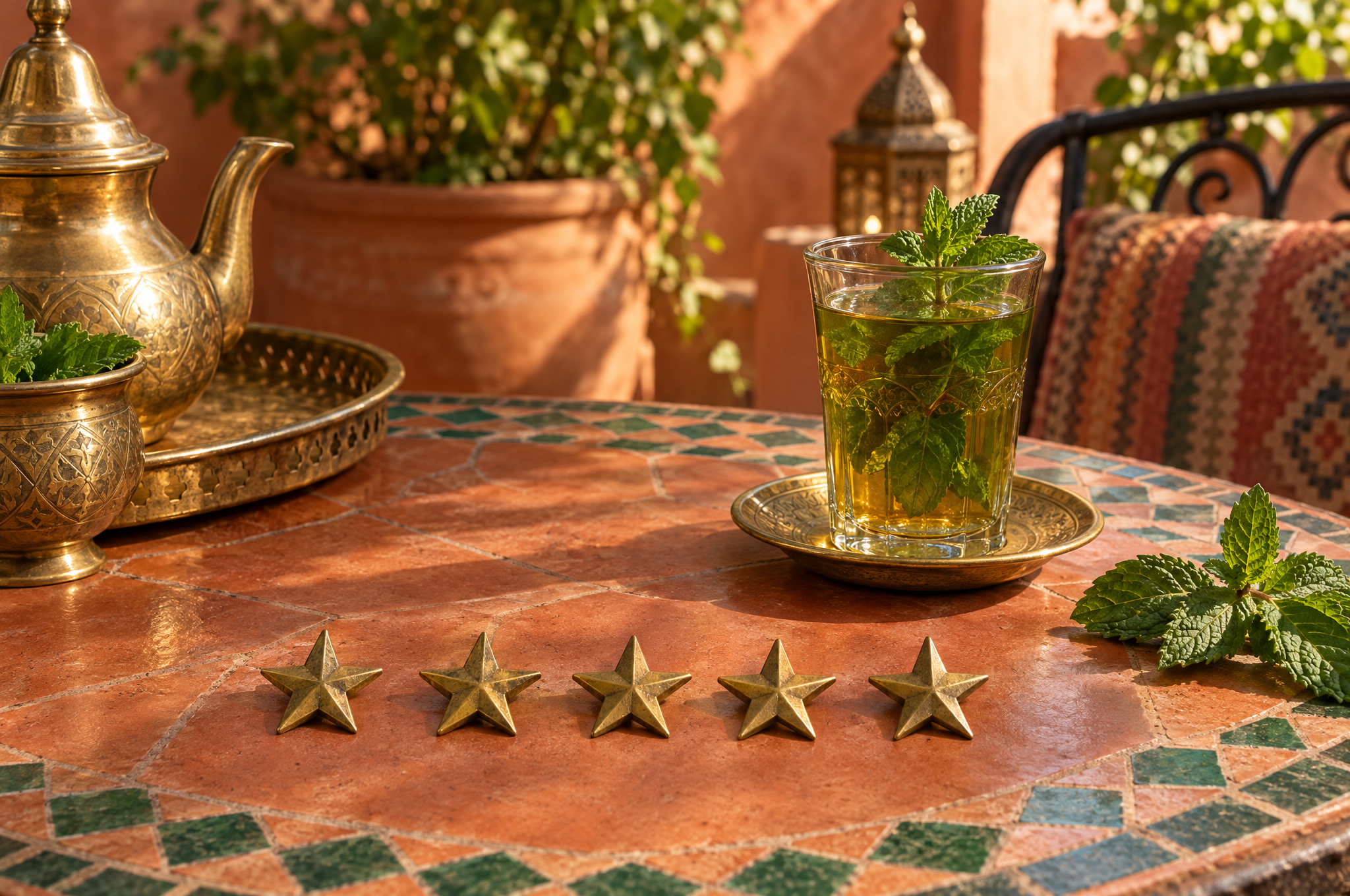 Cinq petites étoiles en laiton alignées sur un carreau en terre cuite, à côté d’un verre de thé à la menthe sur une table de café