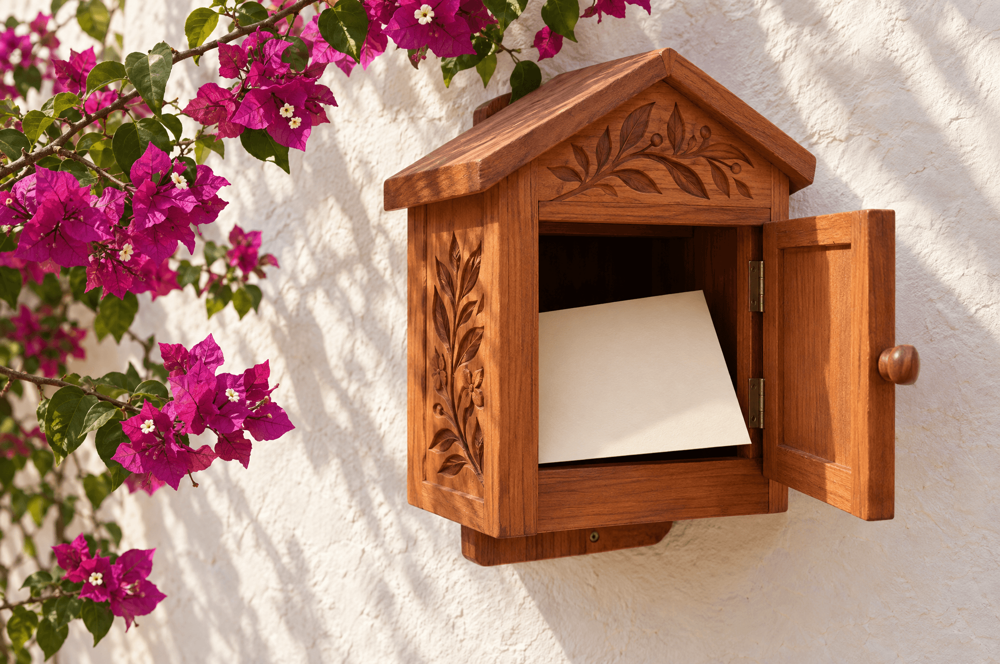 Une boîte aux lettres en cèdre sculpté à la porte entrouverte, une carte crème vierge à moitié glissée à l’intérieur, contre un mur blanchi à la chaux avec une branche de bougainvillier