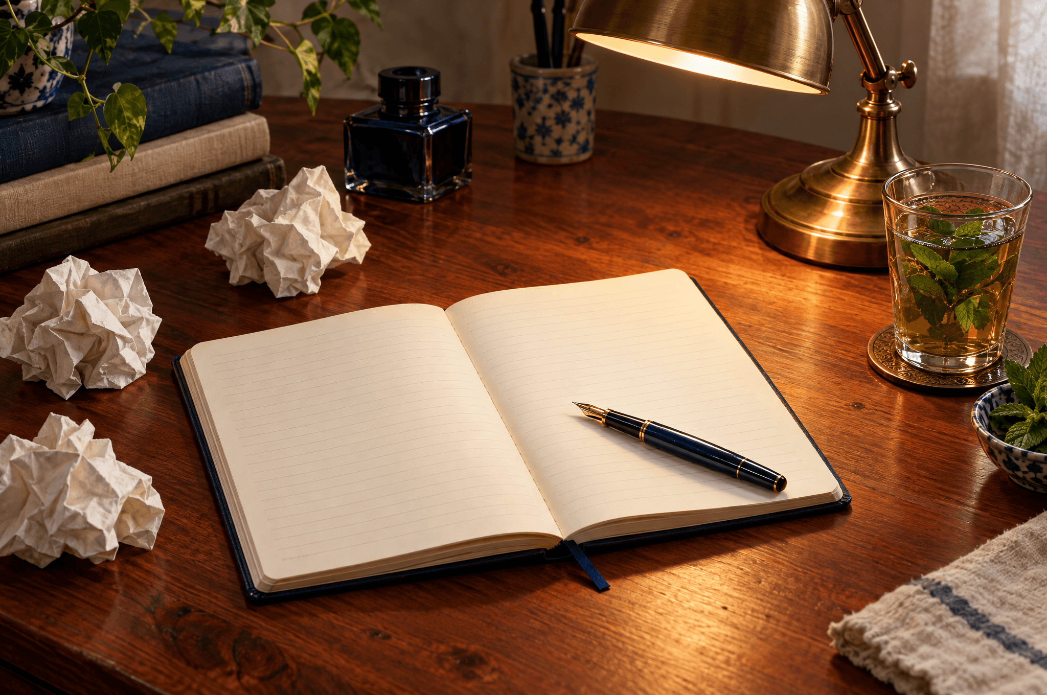 Un carnet ouvert aux pages lignées vierges, un stylo plume, des brouillons froissés, une lampe en laiton et un thé à la menthe sur un bureau en cèdre