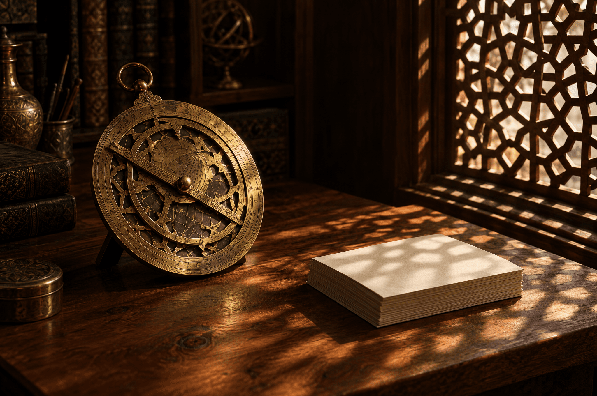 A brass astrolabe on a cedar desk beside a stack of cream index cards, lit by a narrow beam of light falling through a carved wooden screen