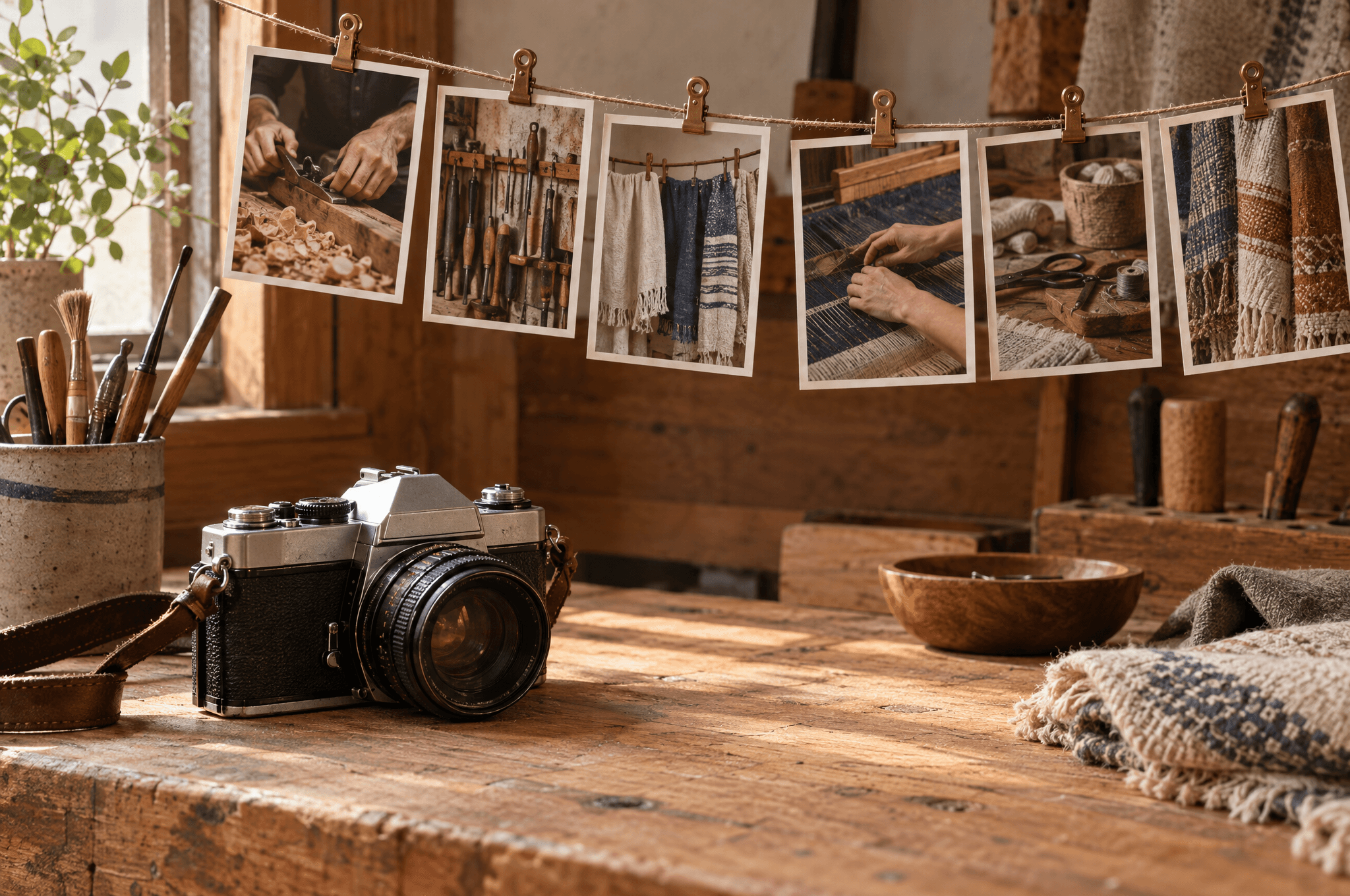 A vintage camera on a cedar workbench beside a row of printed photographs of a workshop, pinned with small brass clips to a string