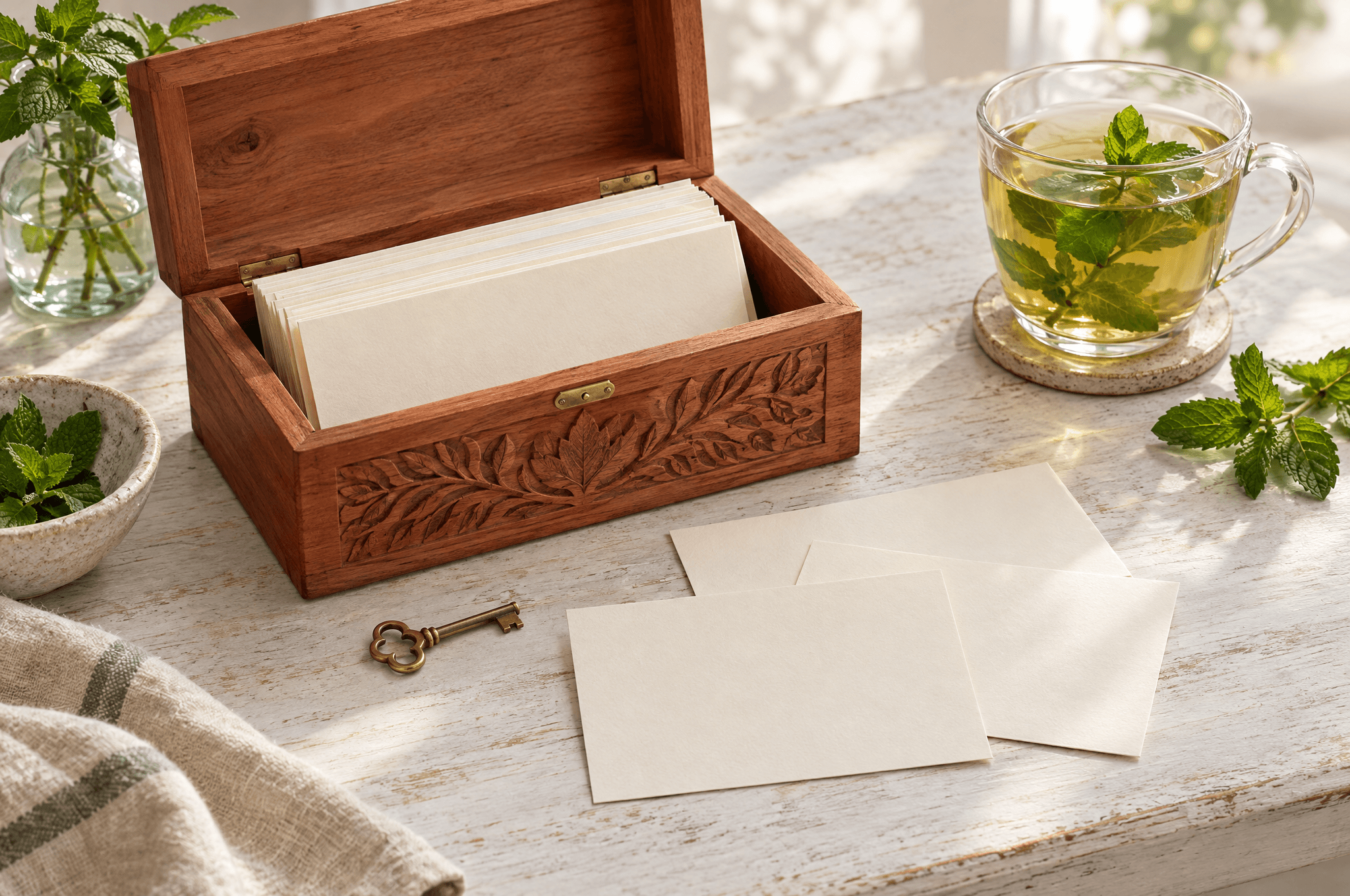 Une boîte en cèdre sculpté avec une petite clé en laiton, ouverte sur des cartes crème vierges pliées, quelques cartes posées sur une table blanchie avec un thé à la menthe