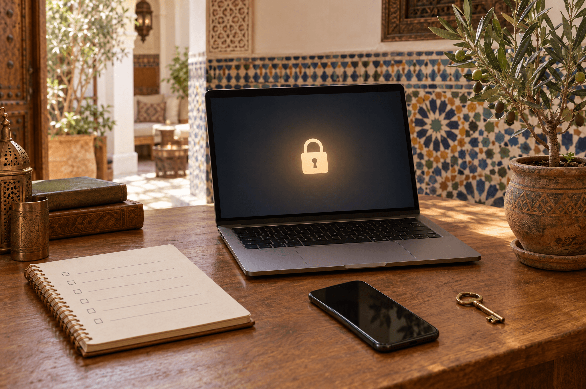 A Moroccan-style office desk with a laptop lock icon, a checklist notebook, a key and an olive plant