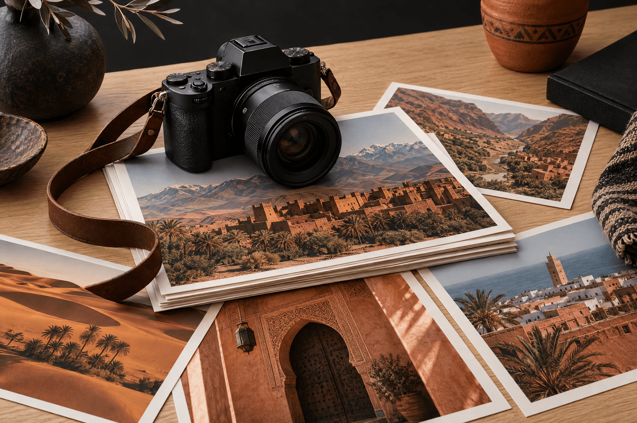 Un appareil photo hybride avec objectif fixe posé sur des tirages de paysages et d’architecture marocaine étalés sur une table en chêne clair, avec une sangle en cuir