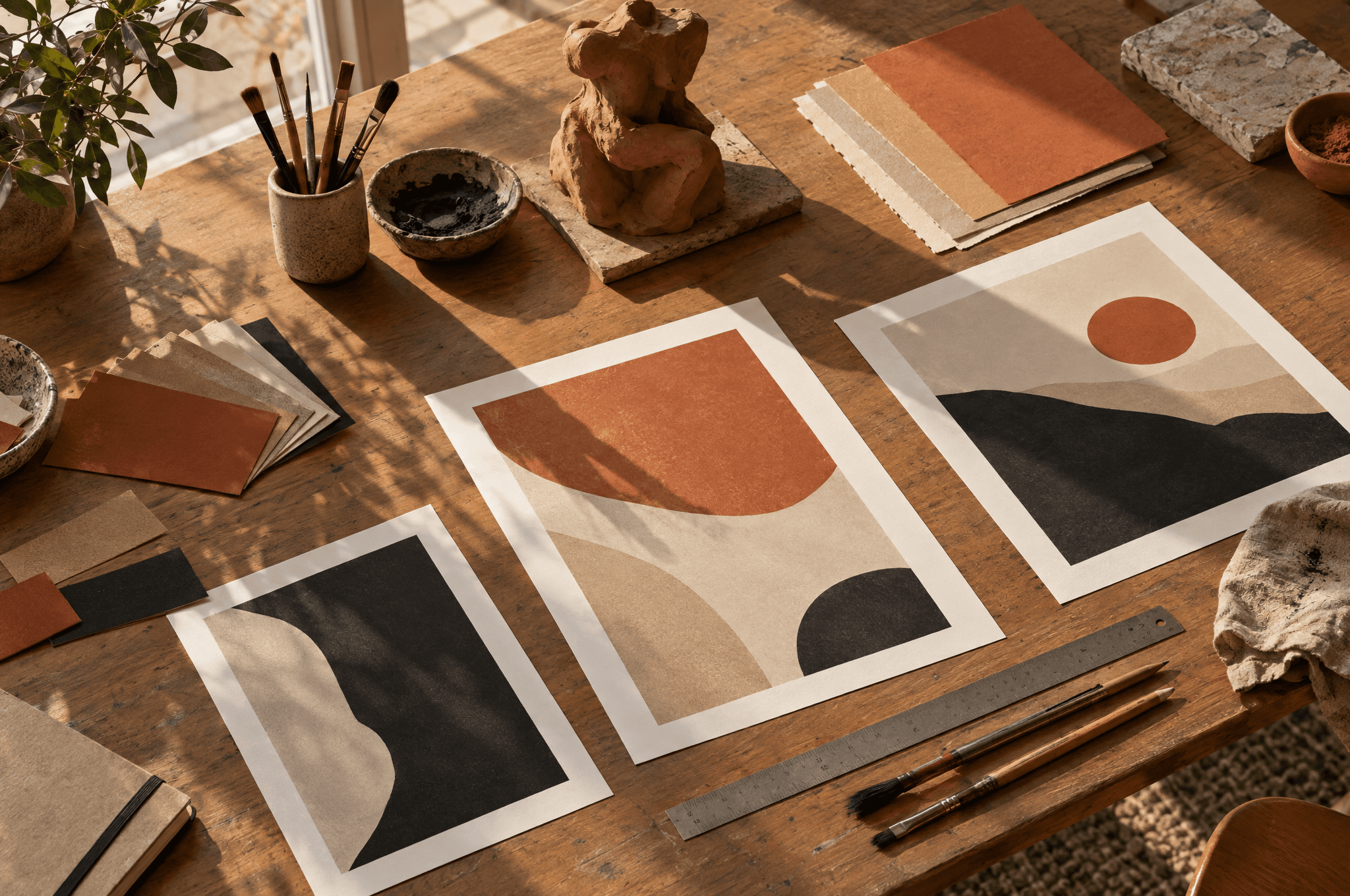 Une table de studio avec des nuanciers terracotta, sable et noir, des épreuves vierges et une sculpture en argile