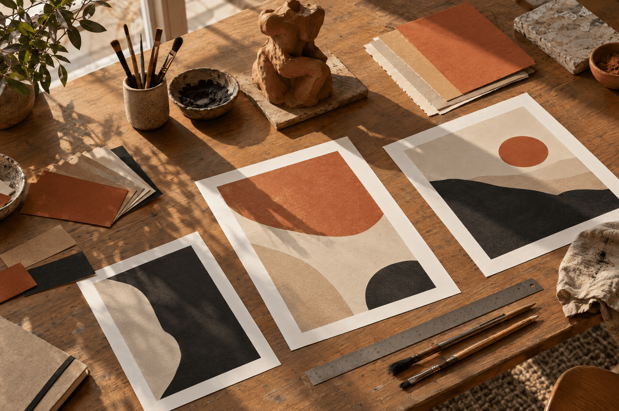 Une table de studio avec des nuanciers terracotta, sable et noir, des épreuves vierges et une sculpture en argile