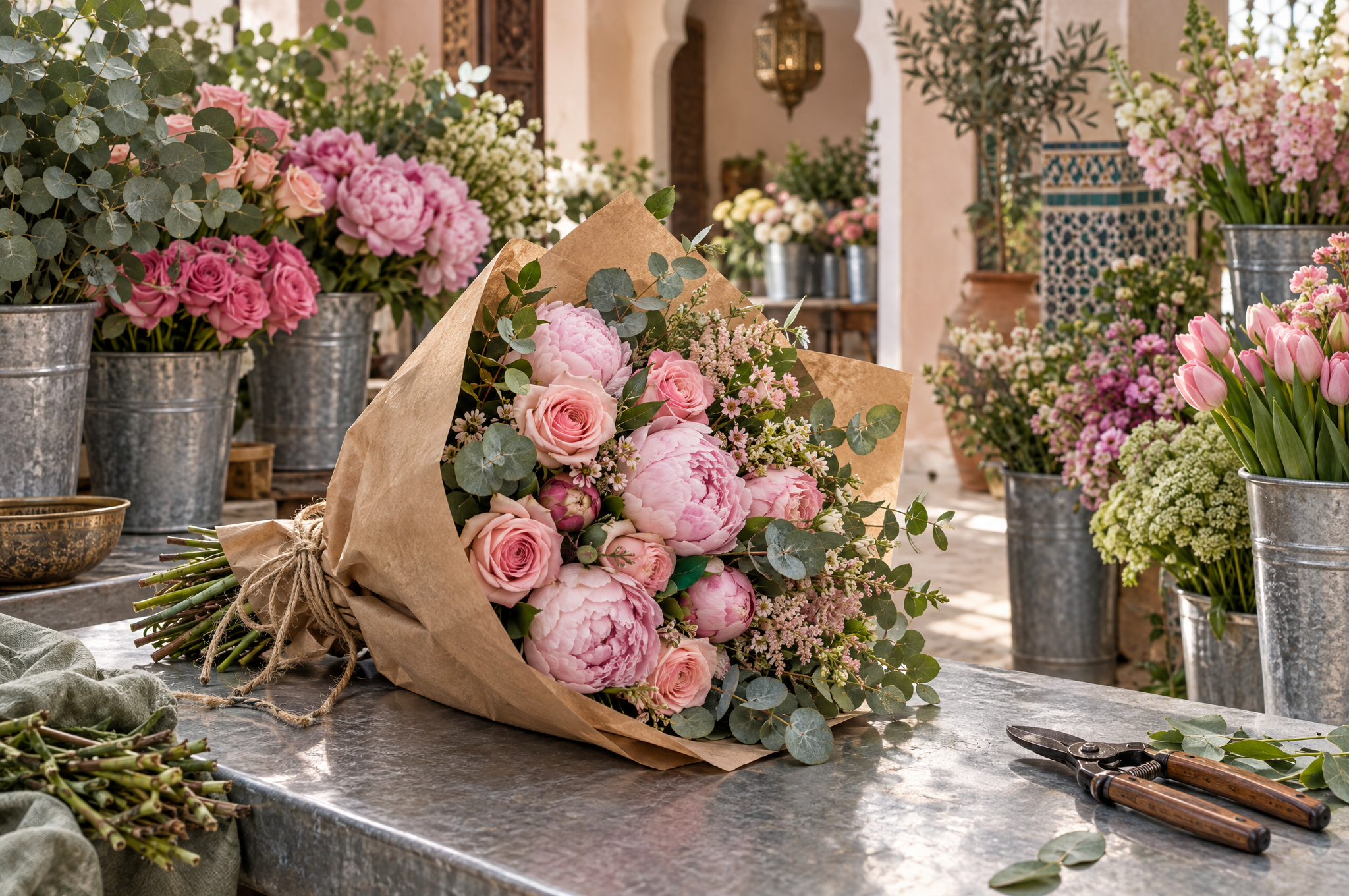 Un bouquet de roses, pivoines et eucalyptus emballé dans du papier kraft sur un comptoir en zinc, des seaux de fleurs fraîches et des ciseaux de fleuriste