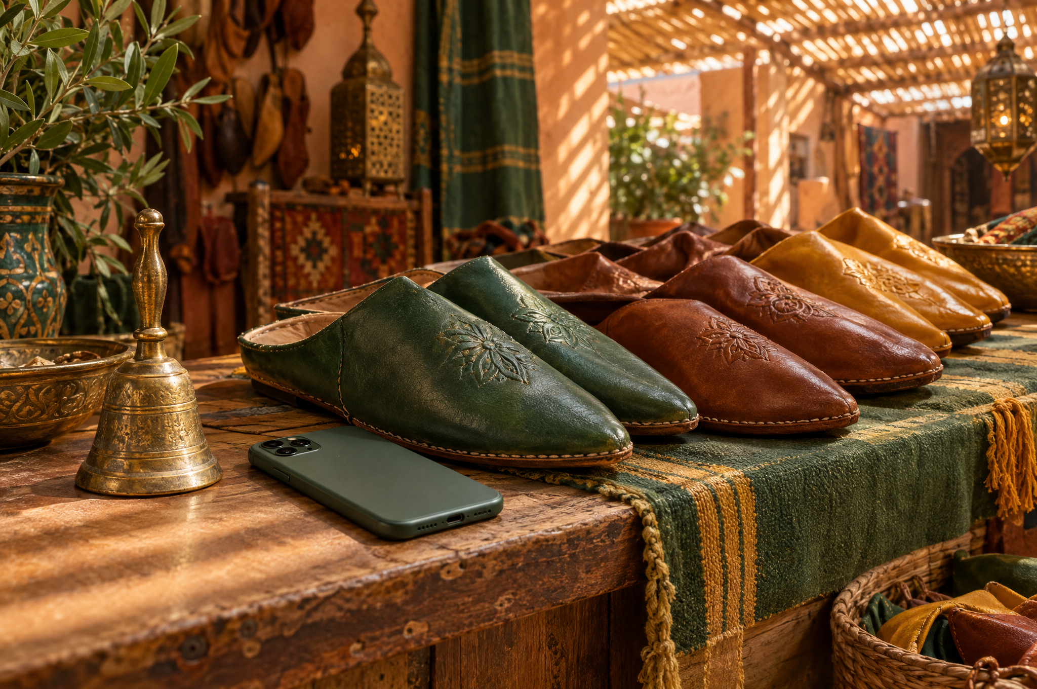 Un téléphone posé face contre le comptoir d’un étal de souk, à côté de babouches en cuir alignées et d’une petite clochette en laiton