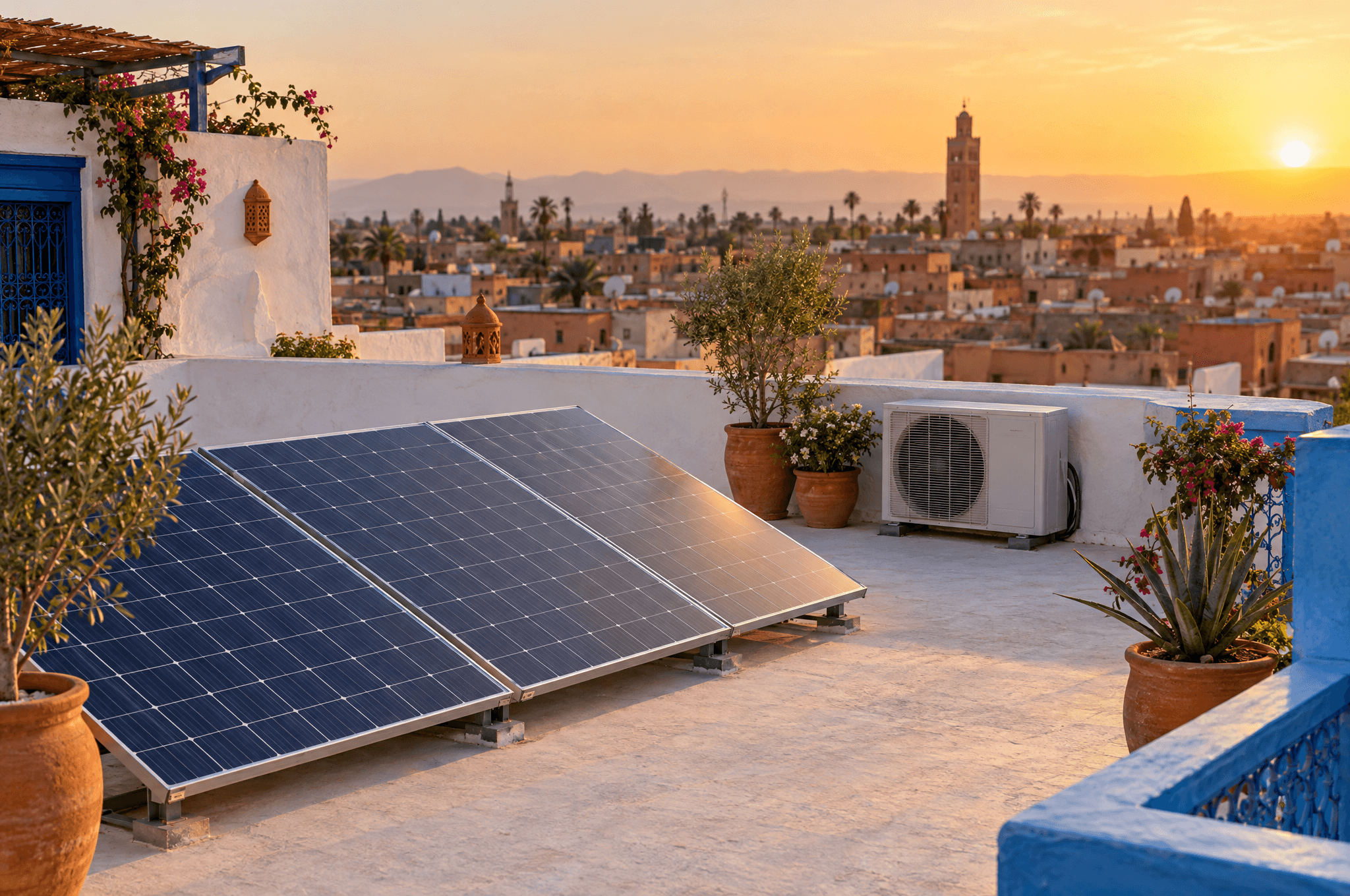 Des panneaux solaires installés sur une terrasse blanchie à la chaux au coucher du soleil, un climatiseur extérieur discret, des pots en terre cuite et une médina floue au loin