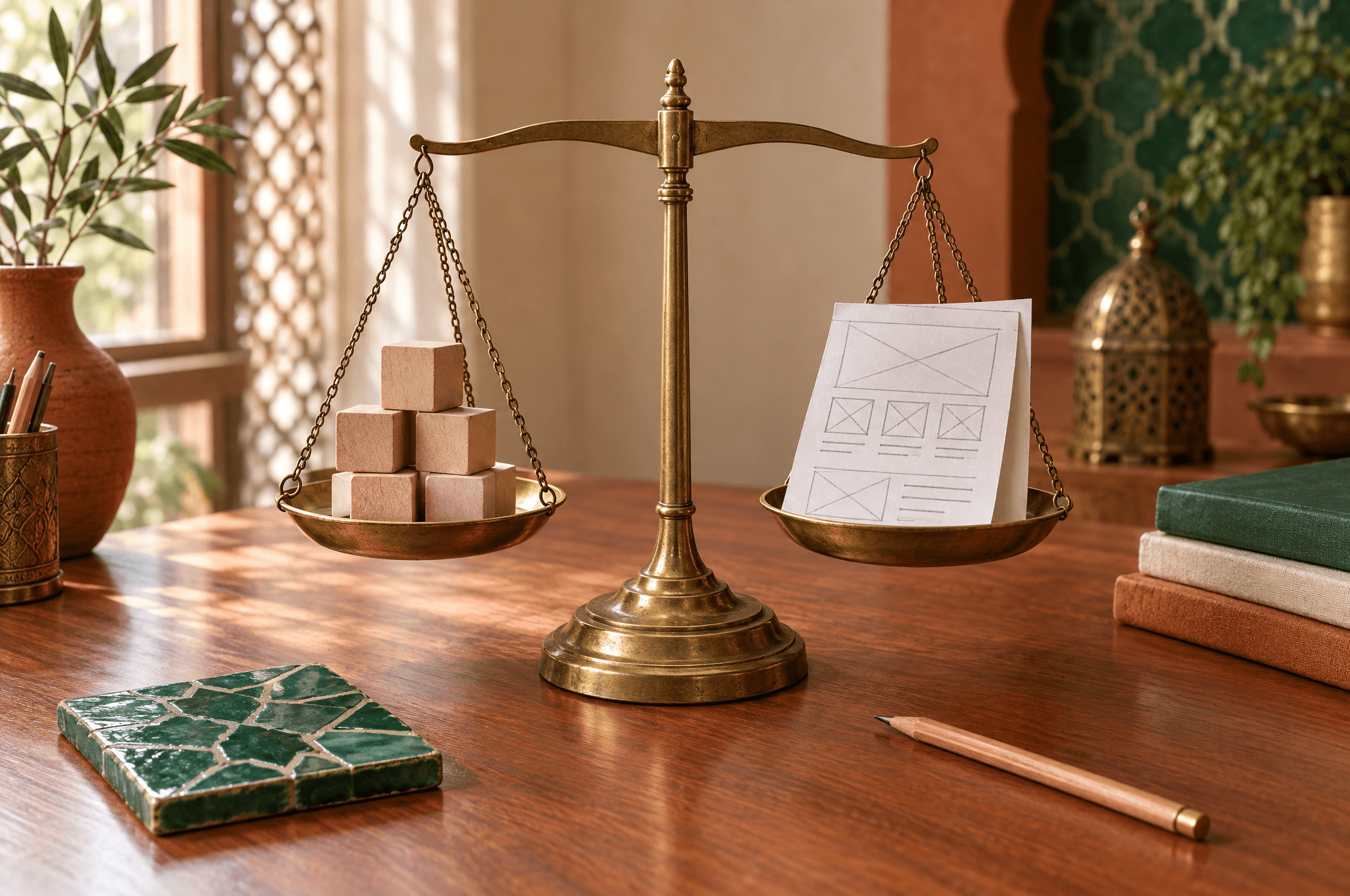 Une balance en laiton avec des blocs de bois d’un côté et une esquisse de site plié de l’autre, sur un bureau en cèdre