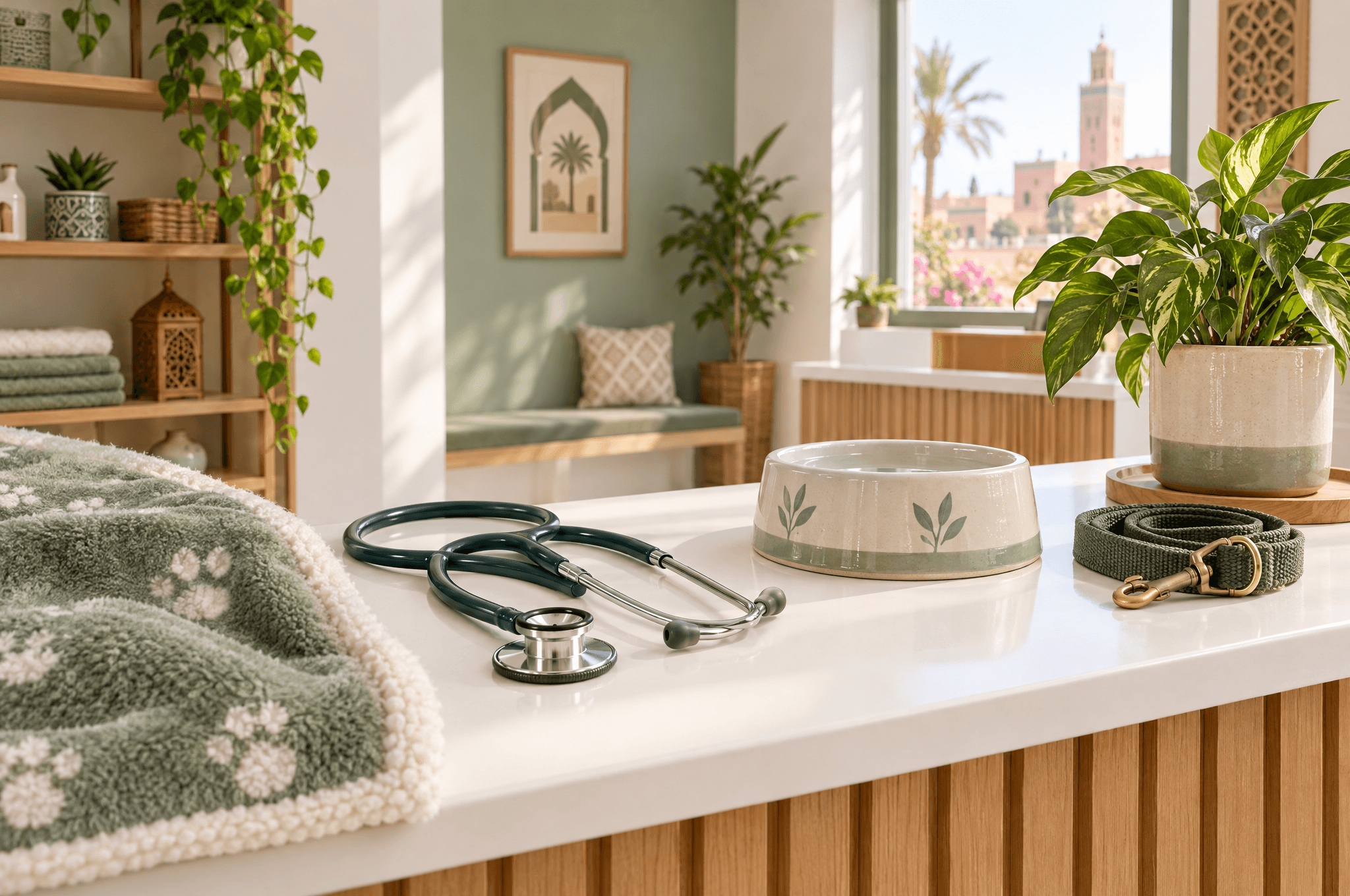 L’accueil lumineux d’un cabinet vétérinaire avec un stéthoscope posé sur un comptoir blanc, une couverture pour animal, une gamelle en céramique, une laisse et une plante