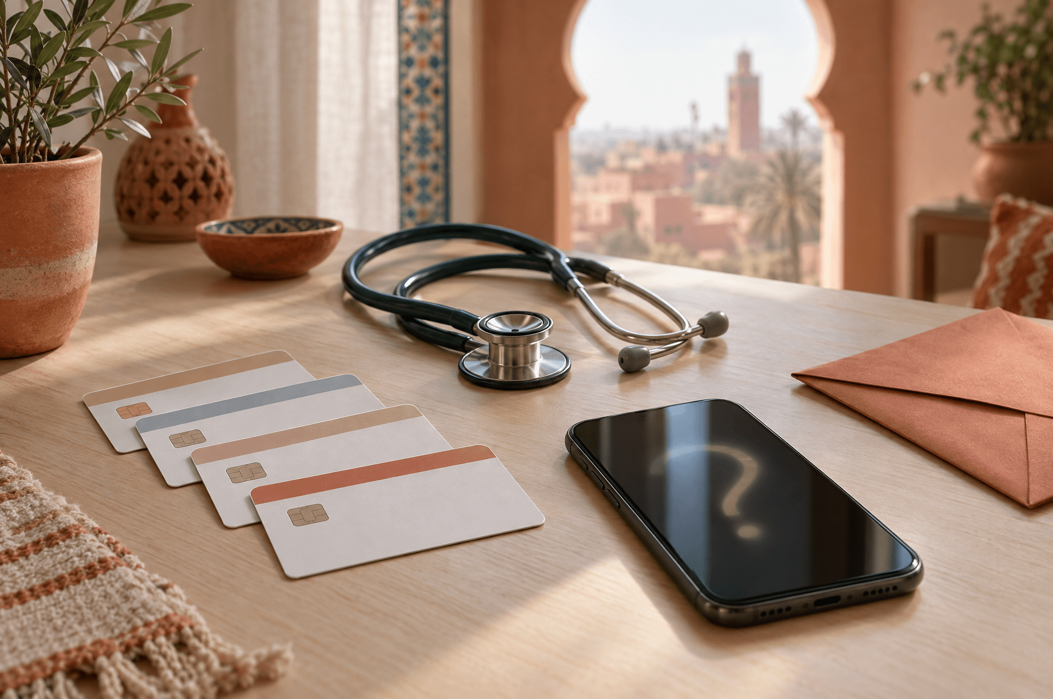 Blank health insurance cards, a stethoscope and a smartphone on a pale wooden desk