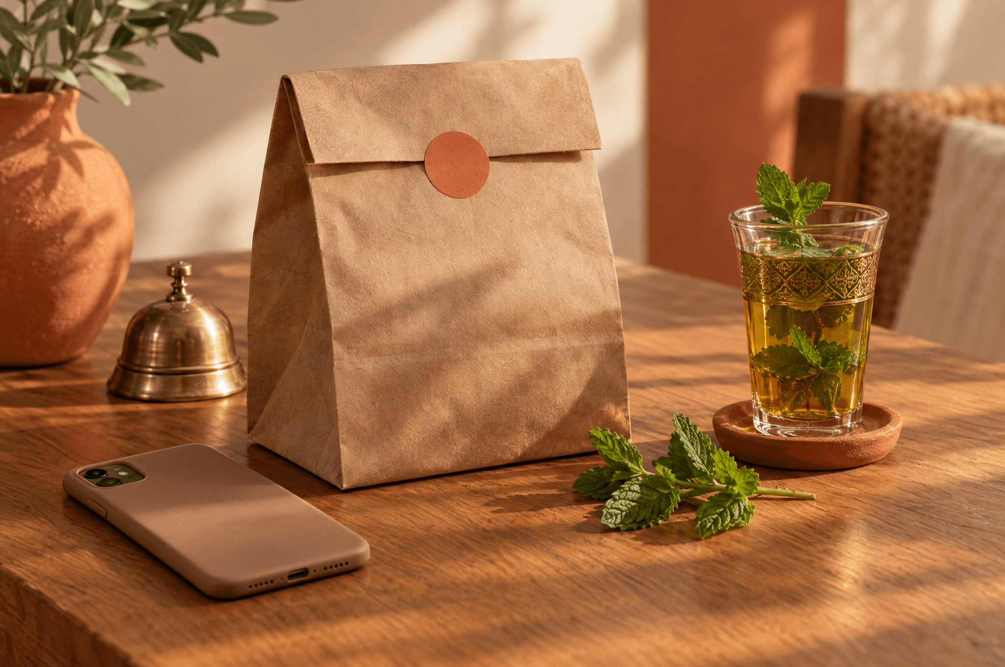 Un sac de livraison en papier kraft scellé, un téléphone posé à côté, une clochette en laiton, de la menthe fraîche et un verre de thé sur une table en cèdre
