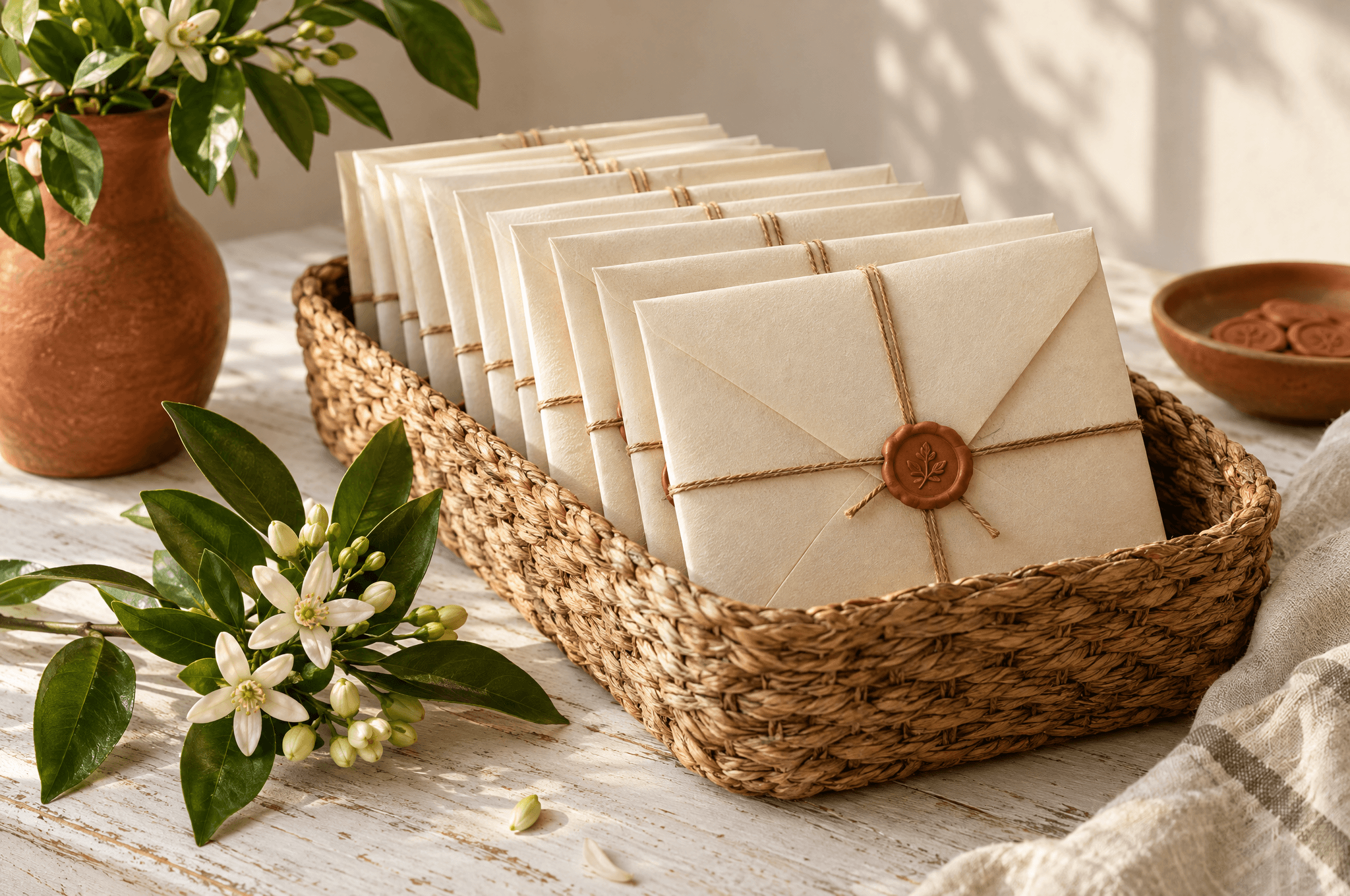 صف من الأظرفة الكريمية المربوطة بخيط والمختومة بأختام شمع صغيرة بلون الطين في سلة من الخوص، مع غصن زهر الليمون