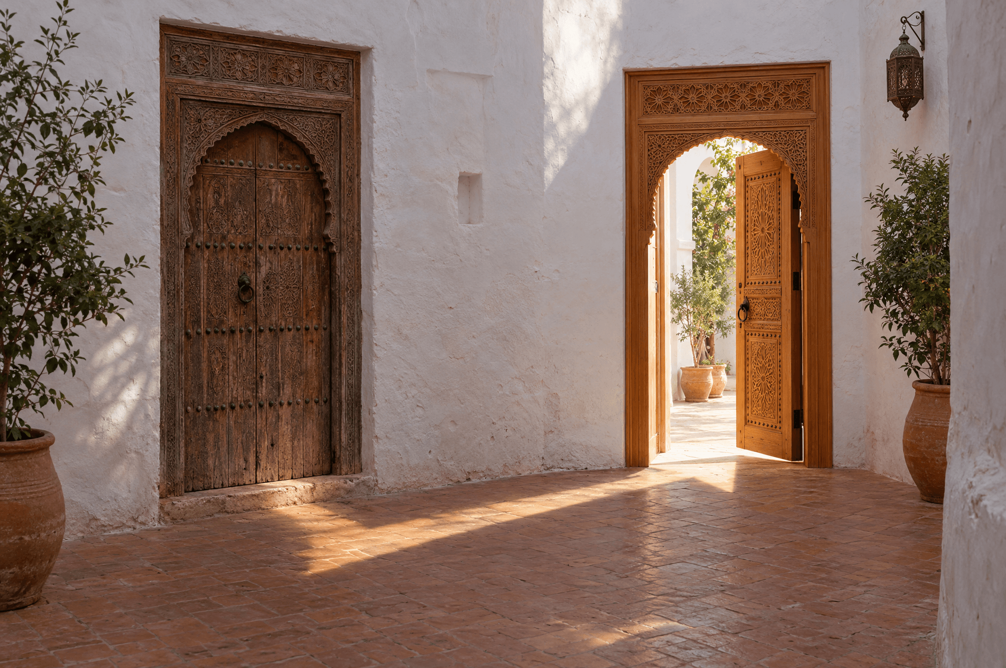 Deux portes en cèdre sculpté dans une ruelle blanchie à la chaux, l’une ancienne et fermée, l’autre neuve et ouverte, reliées par un chemin de lumière sur le sol