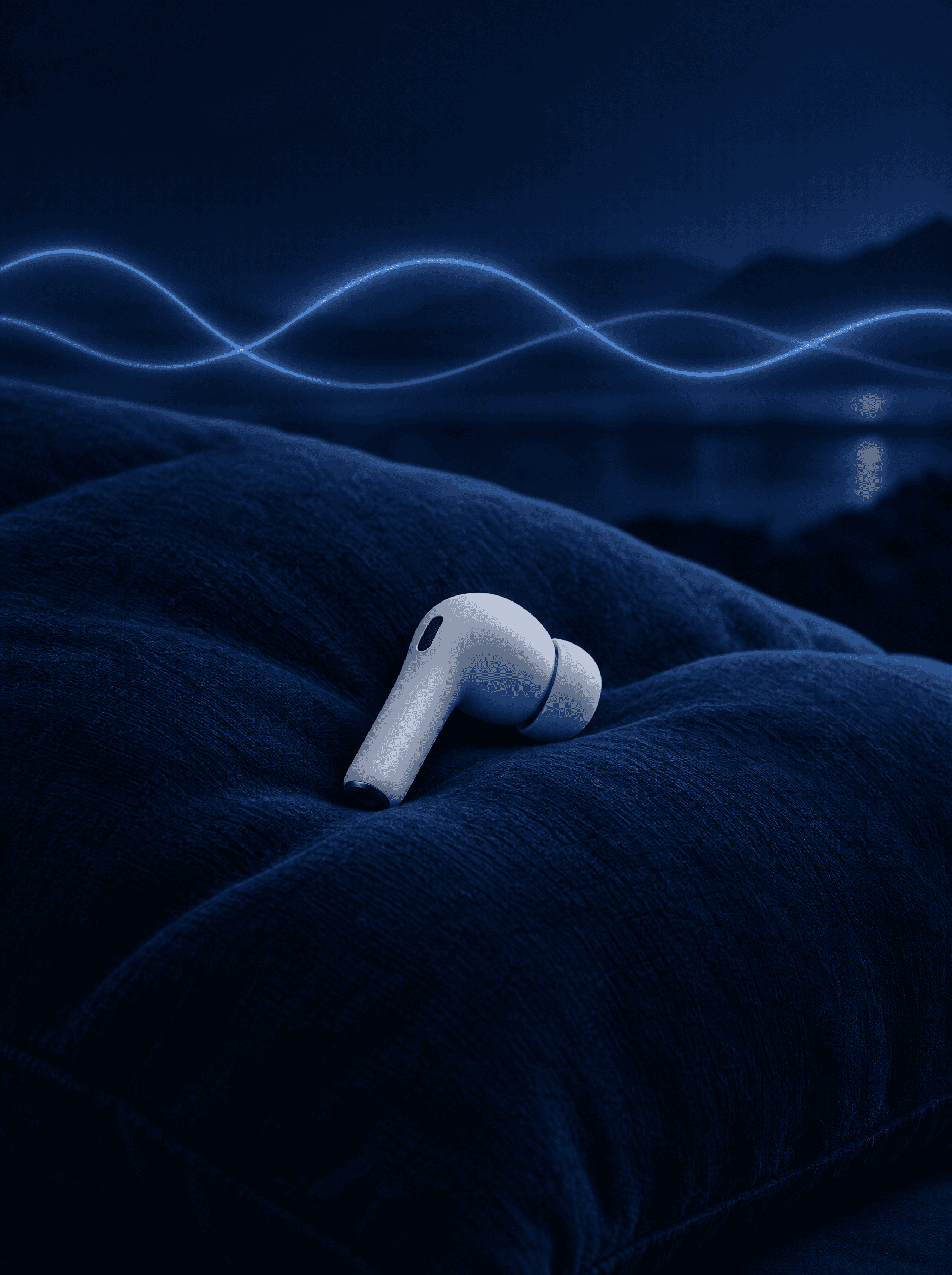 A matte white earbud resting on a dark blue pillow with faint glowing wave lines