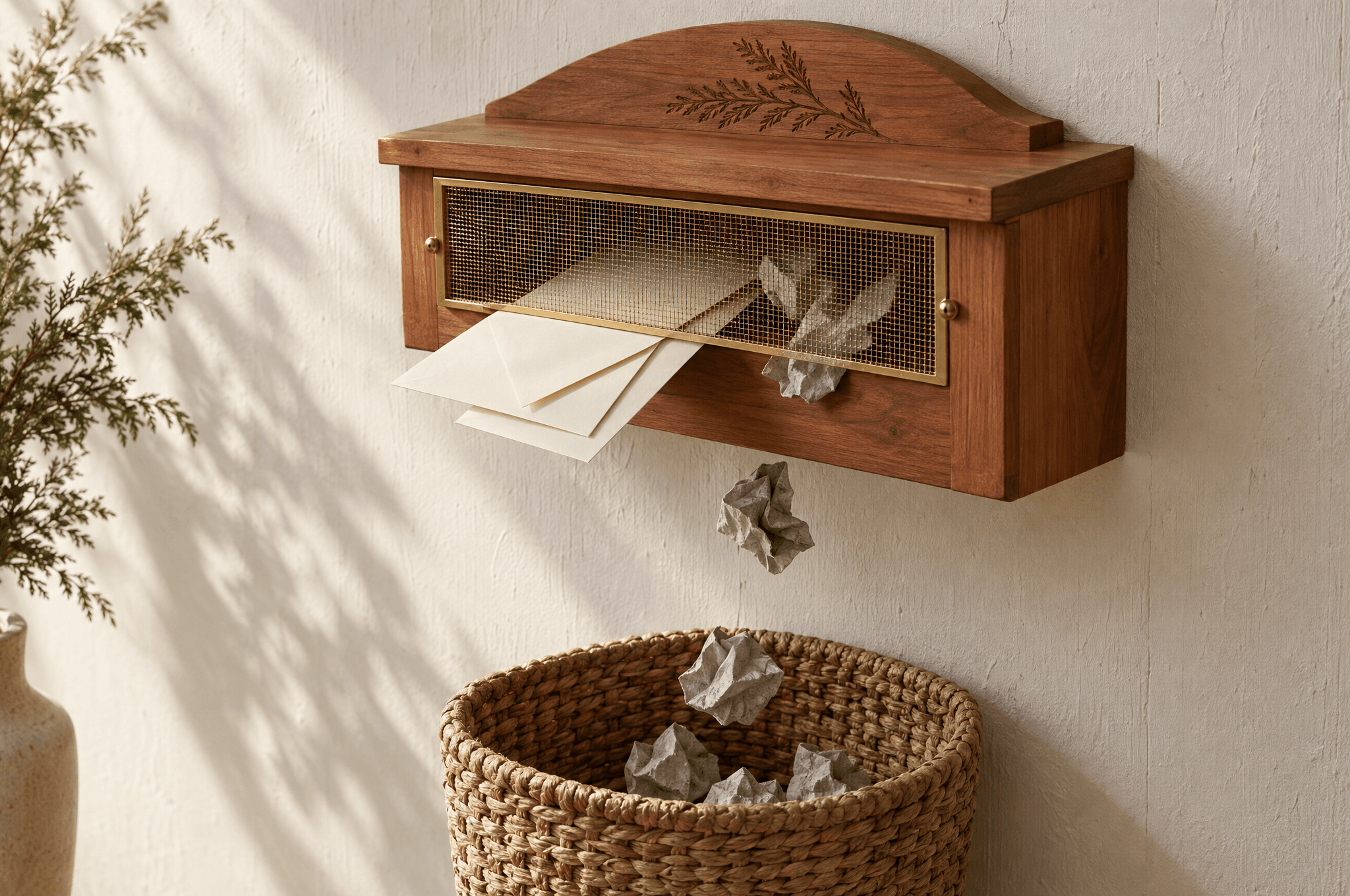 Une boîte aux lettres en cèdre sculpté sur un mur blanchi avec une fine grille en laiton sur sa fente, des enveloppes crème qui passent et des papiers froissés qui tombent dans un panier