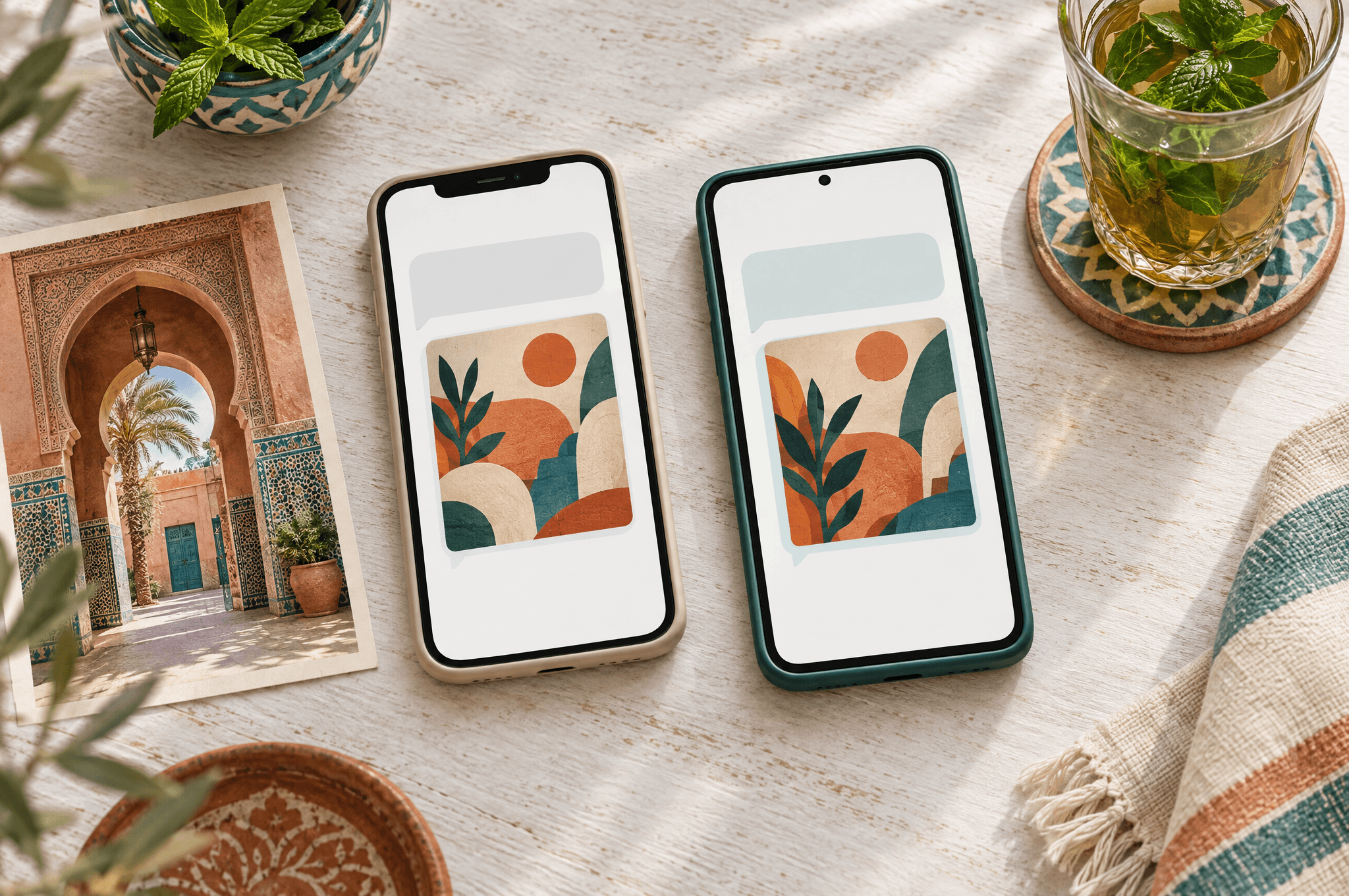 Deux smartphones posés sur une table blanchie affichant une bulle de message avec un aperçu d’image en formes abstraites, une carte postale d’arche marocaine et un thé à la menthe