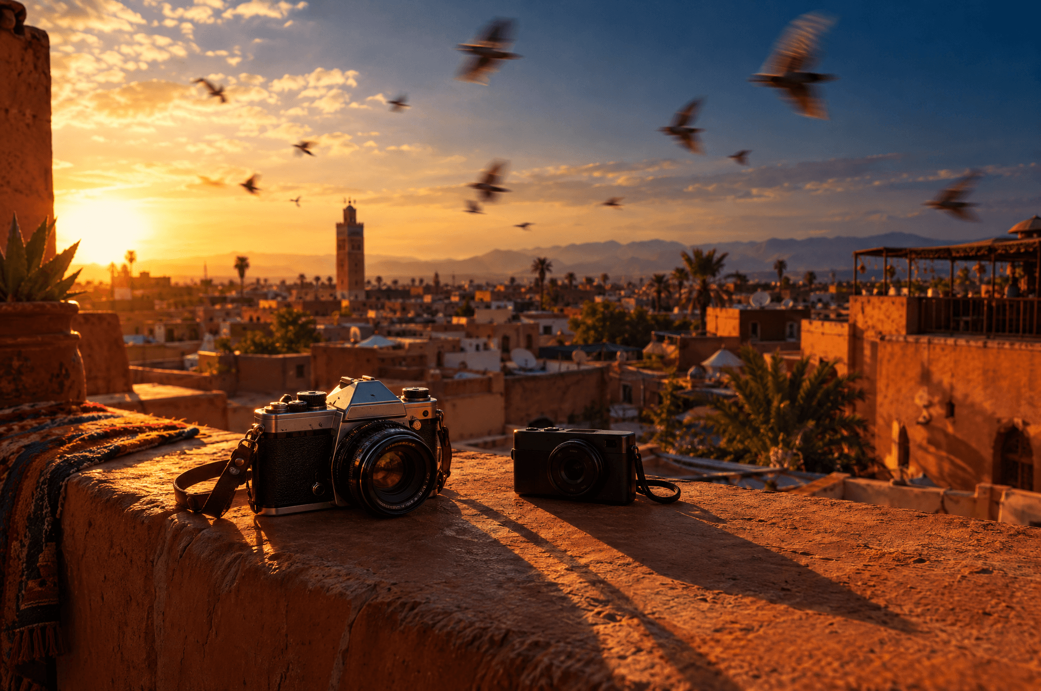 Un appareil photo argentique et une petite caméra moderne sur un toit en terre cuite d’une médina au coucher du soleil, des oiseaux en mouvement dans le ciel