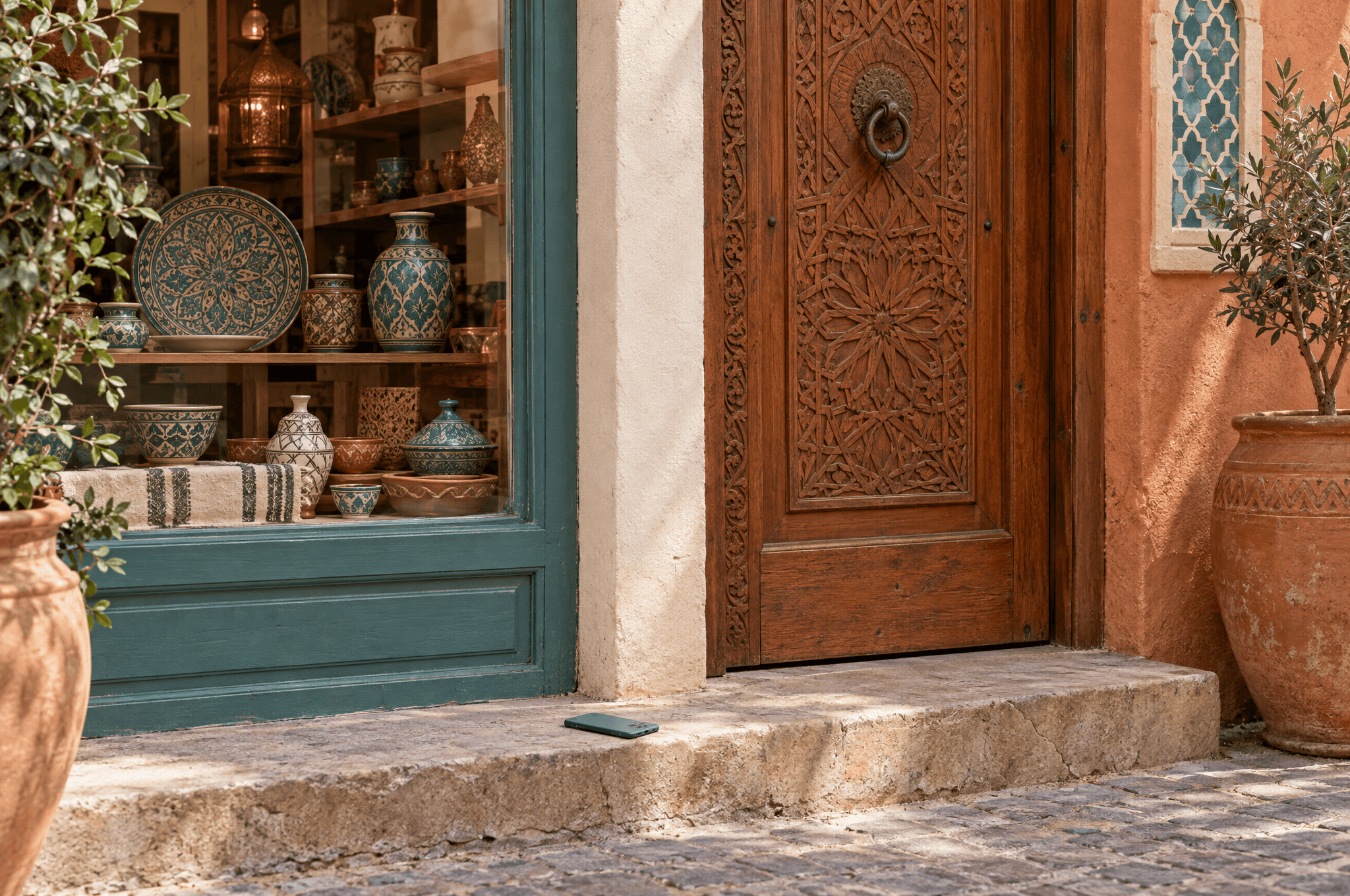 واجهة متجر مغربي صغير بباب من خشب الأرز المنقوش وخزفيات في الواجهة، وهاتف مقلوب على العتبة الحجرية
