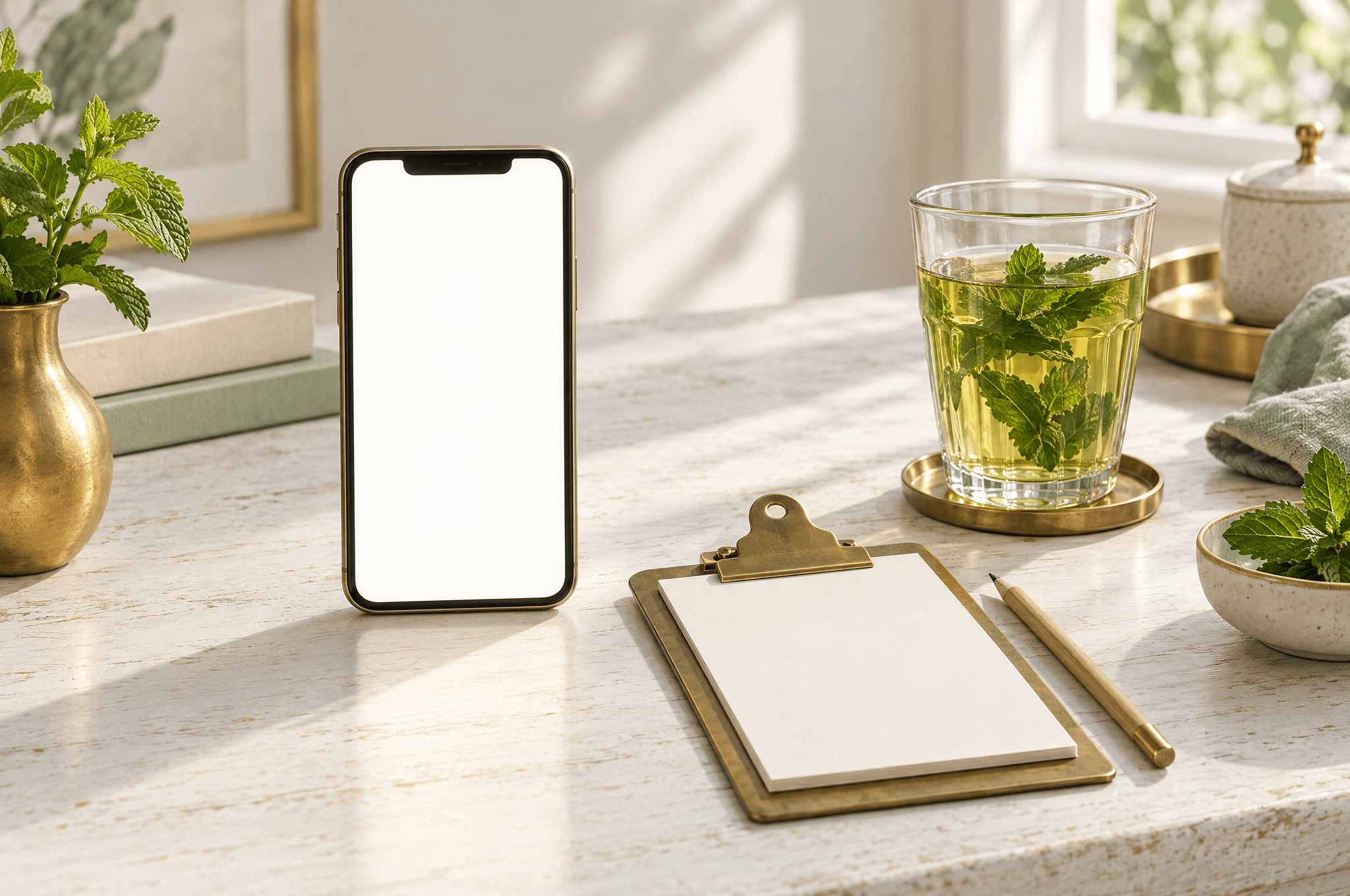 Un smartphone debout à l’écran vierge et lumineux, un petit porte-bloc en laiton avec une feuille vierge et un crayon, un thé à la menthe sur une table blanchie à la chaux