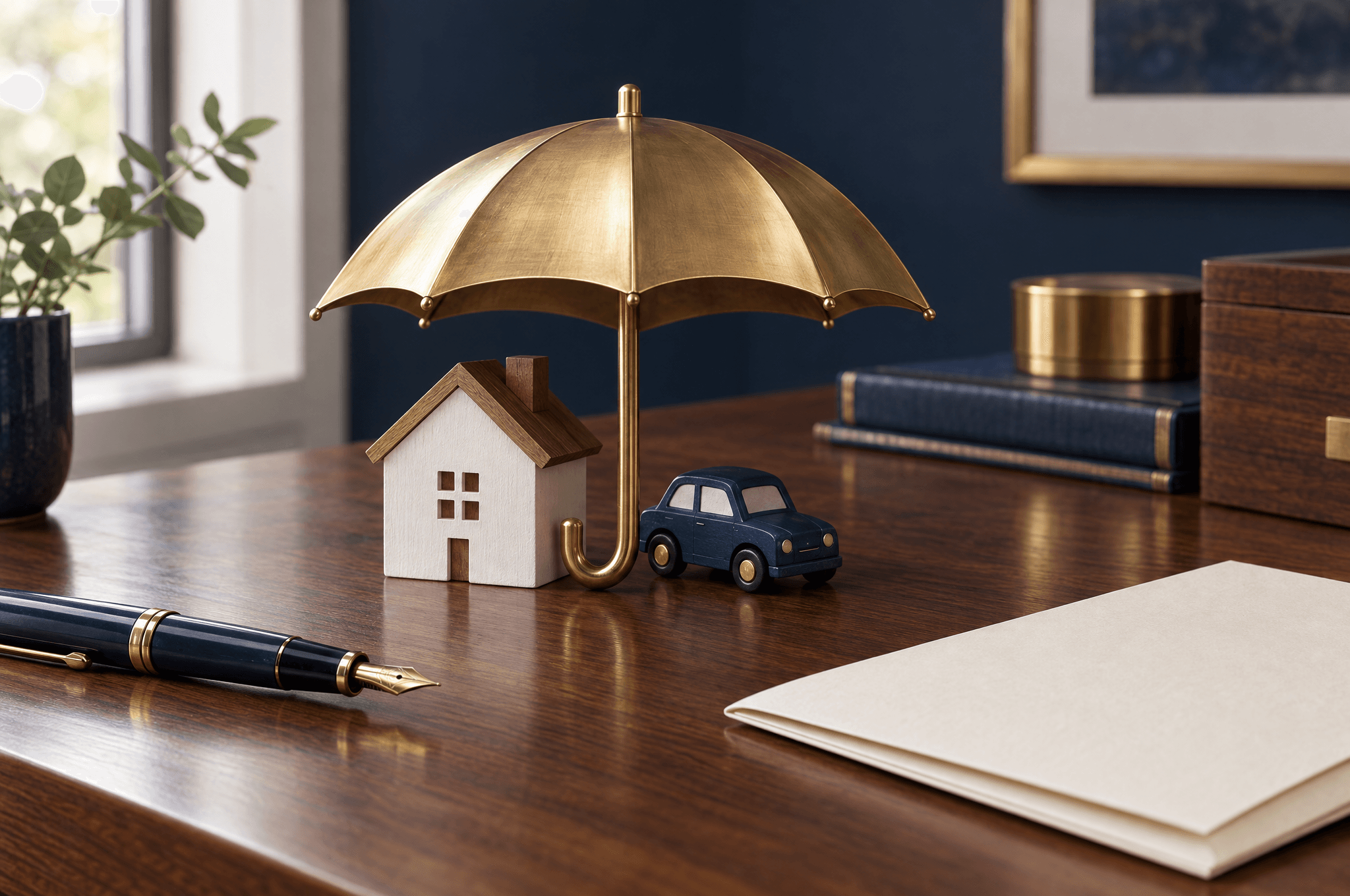 Un petit ornement en laiton en forme de parapluie protégeant une maisonnette en bois blanc et une petite voiture sur un bureau en noyer, avec un stylo plume et un document plié