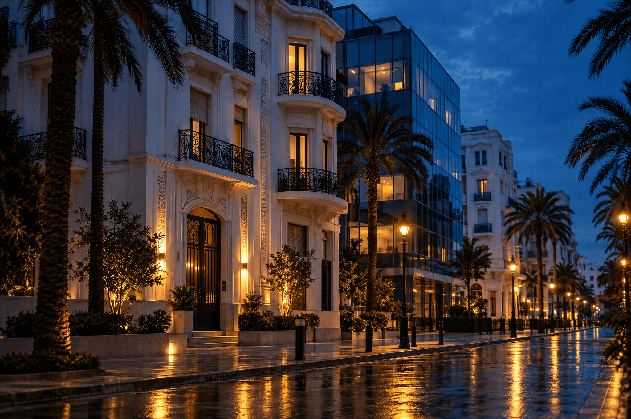 Une rue de Casablanca à l’heure bleue, entre façades Art déco et immeuble de verre