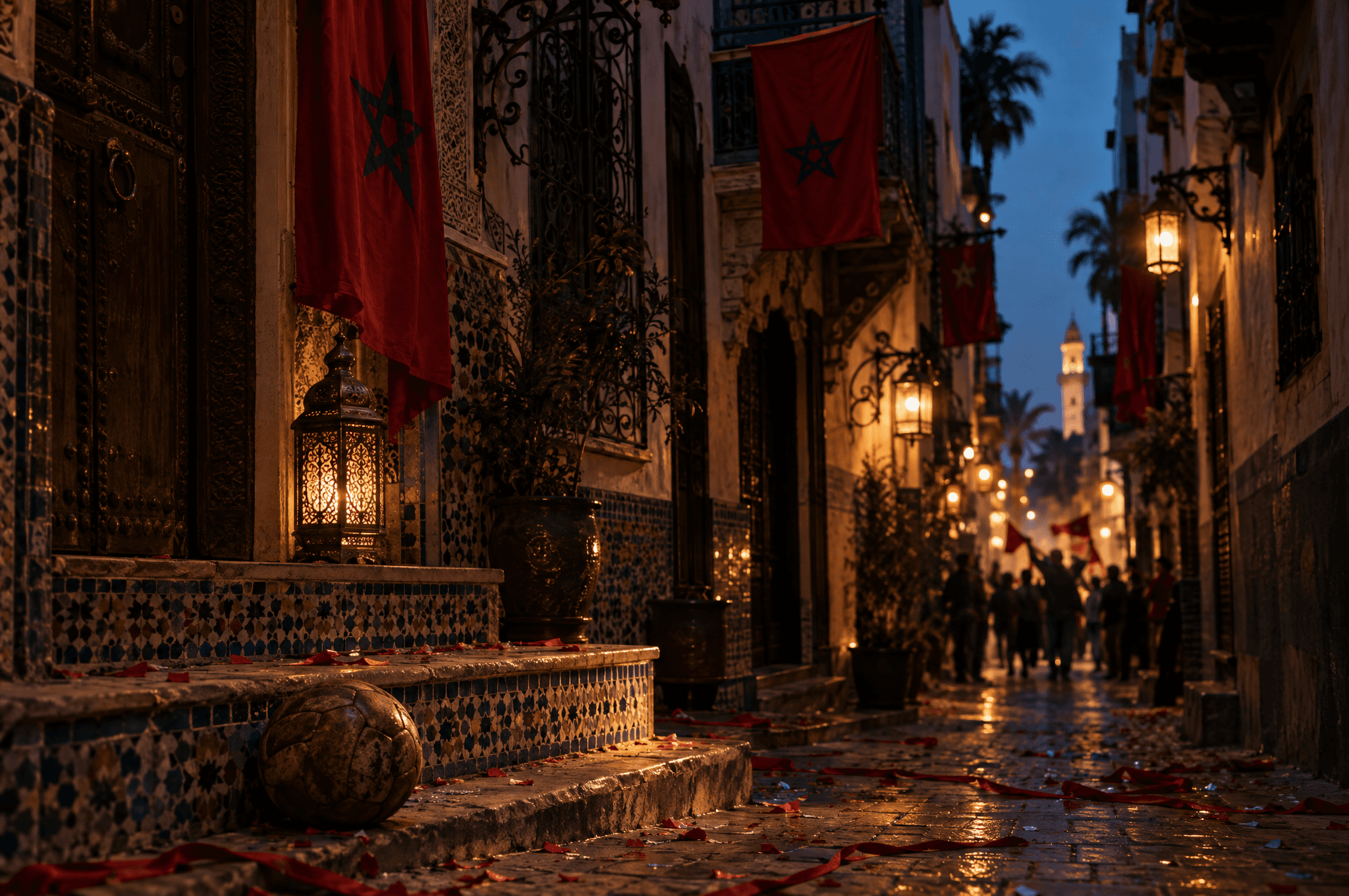 A medina street at blue hour after a match: red flags on carved balconies, lantern light on zellige steps and a football resting on the bottom step