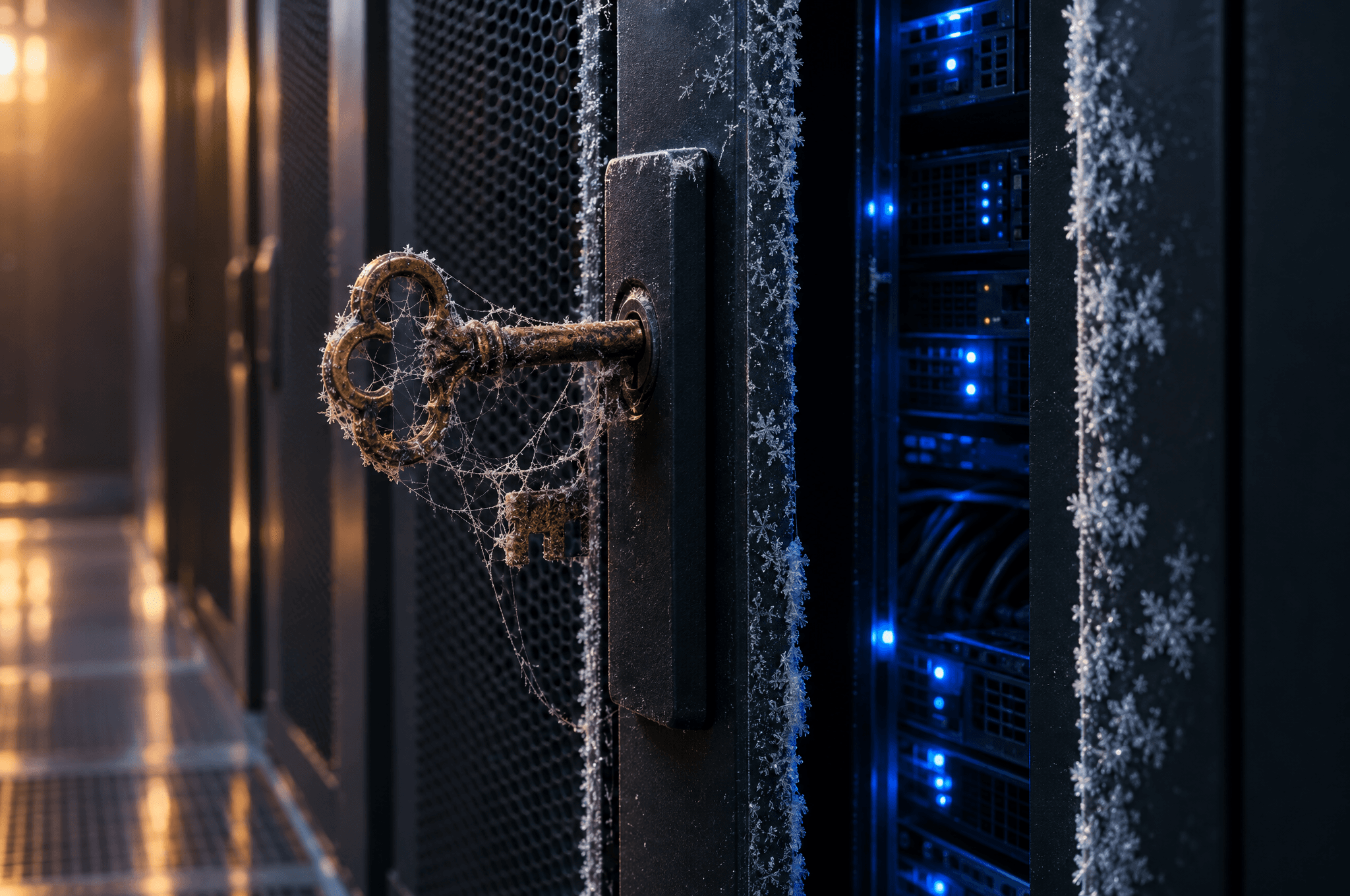An old dusty key fitted into a modern server rack door with frost on its edges