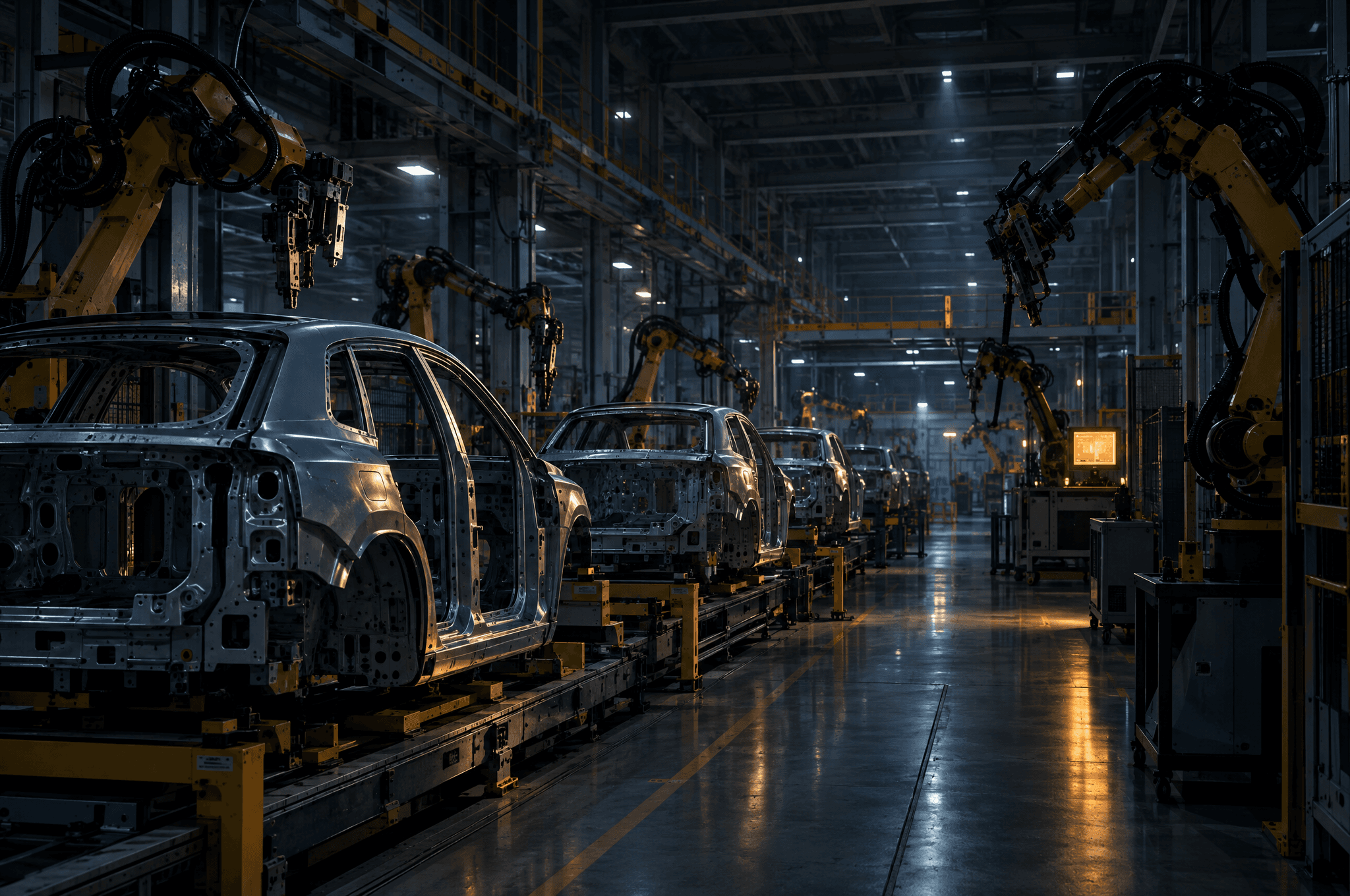 A silent car assembly line at night with frozen robot arms