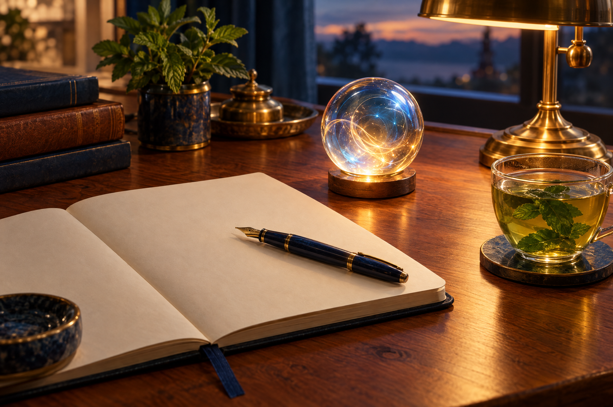 Un stylo plume posé sur un carnet crème vierge à côté d’une petite sphère de verre lumineuse aux reflets tourbillonnants, sur un bureau en cèdre avec un thé à la menthe