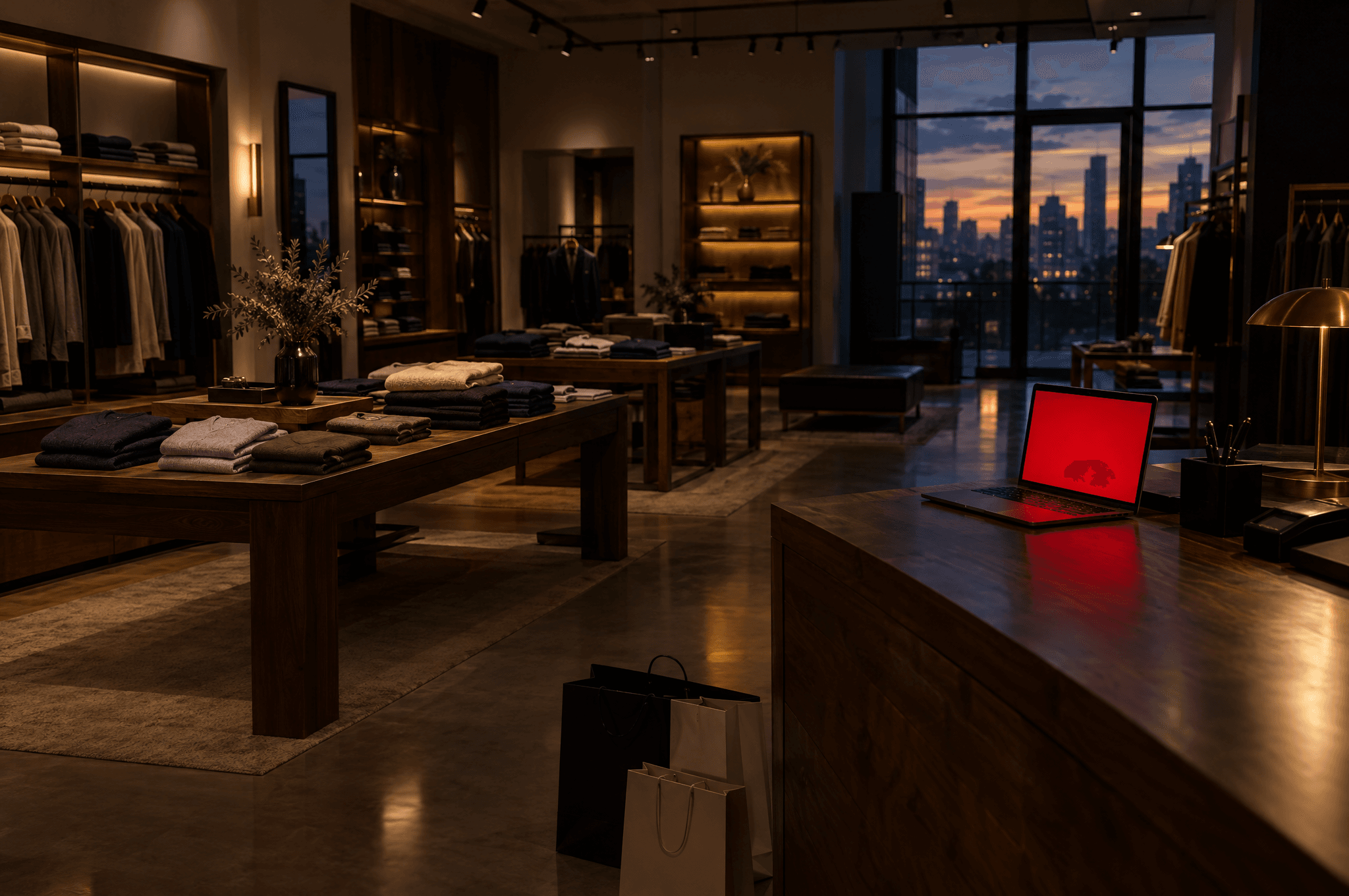 An empty clothing store at dusk with a laptop glowing error red