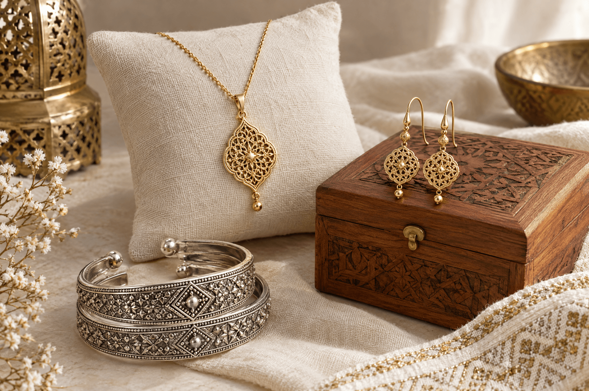 Un collier en or fin avec pendentif en filigrane, des bracelets berbères en argent et des boucles d’oreilles dorées sur un coussin en lin crème et un petit coffret en cèdre