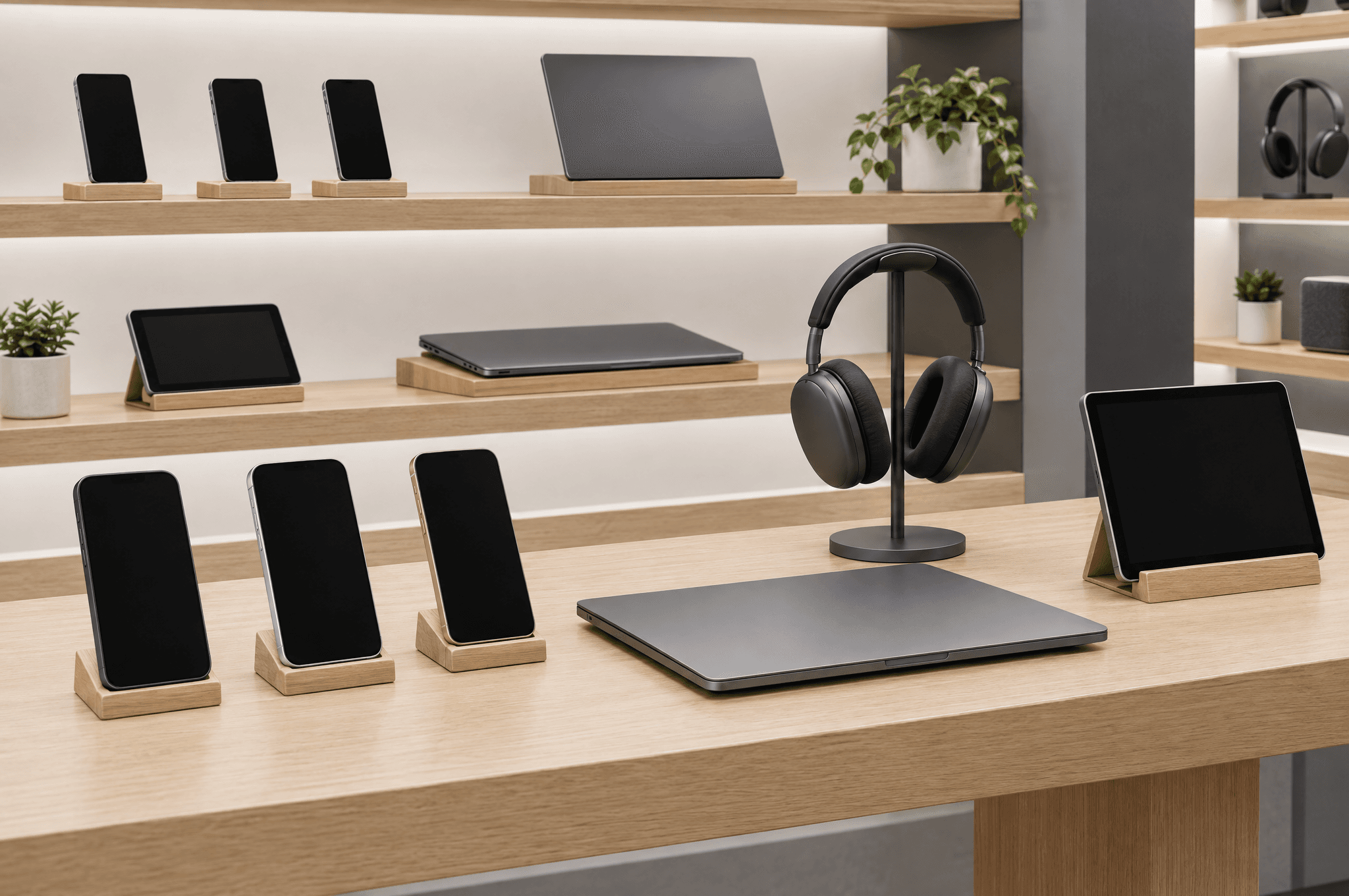 Des smartphones et un ordinateur portable fermé exposés sur des étagères en chêne clair, un casque sur un support et une tablette, tous avec écrans noirs, dans une boutique moderne