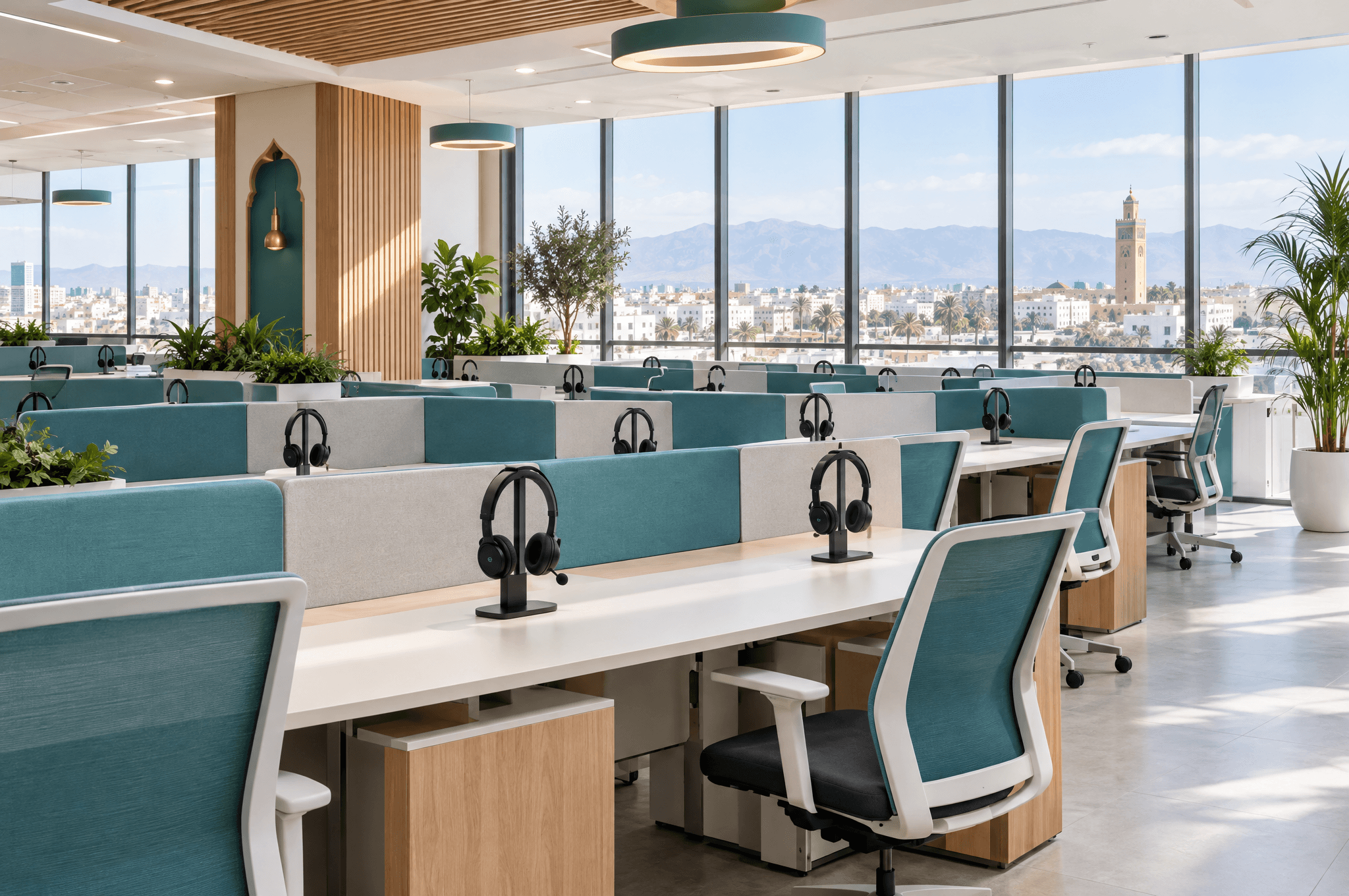 Un plateau de centre de relation client moderne et vide avec des bureaux propres, des casques posés sur leurs supports, des plantes et de grandes fenêtres