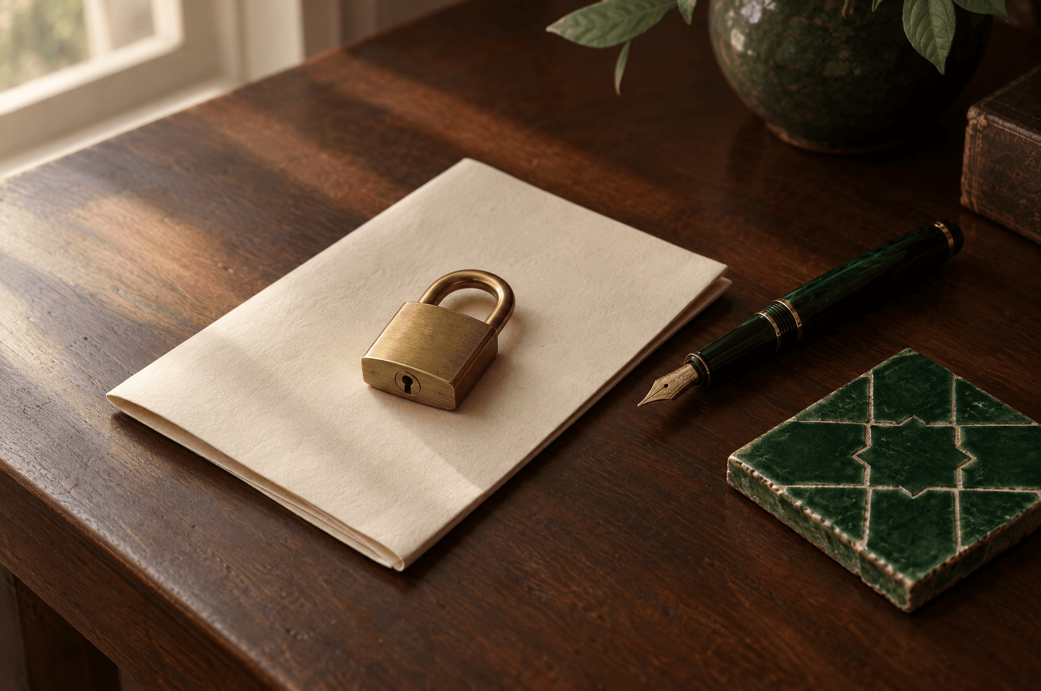 A brass padlock on a folded sheet of paper beside a fountain pen and a green zellige tile on a cedar desk