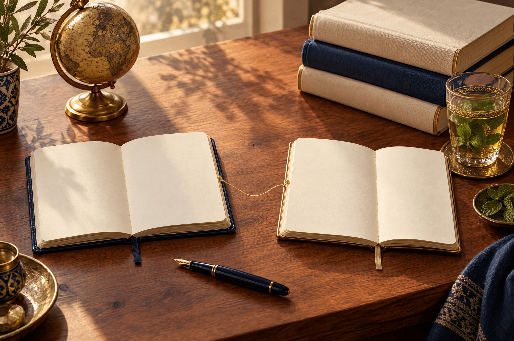 Deux carnets crème ouverts côte à côte sur un bureau en cèdre reliés par un fil doré, un stylo plume, un petit globe en laiton, des livres et un thé à la menthe