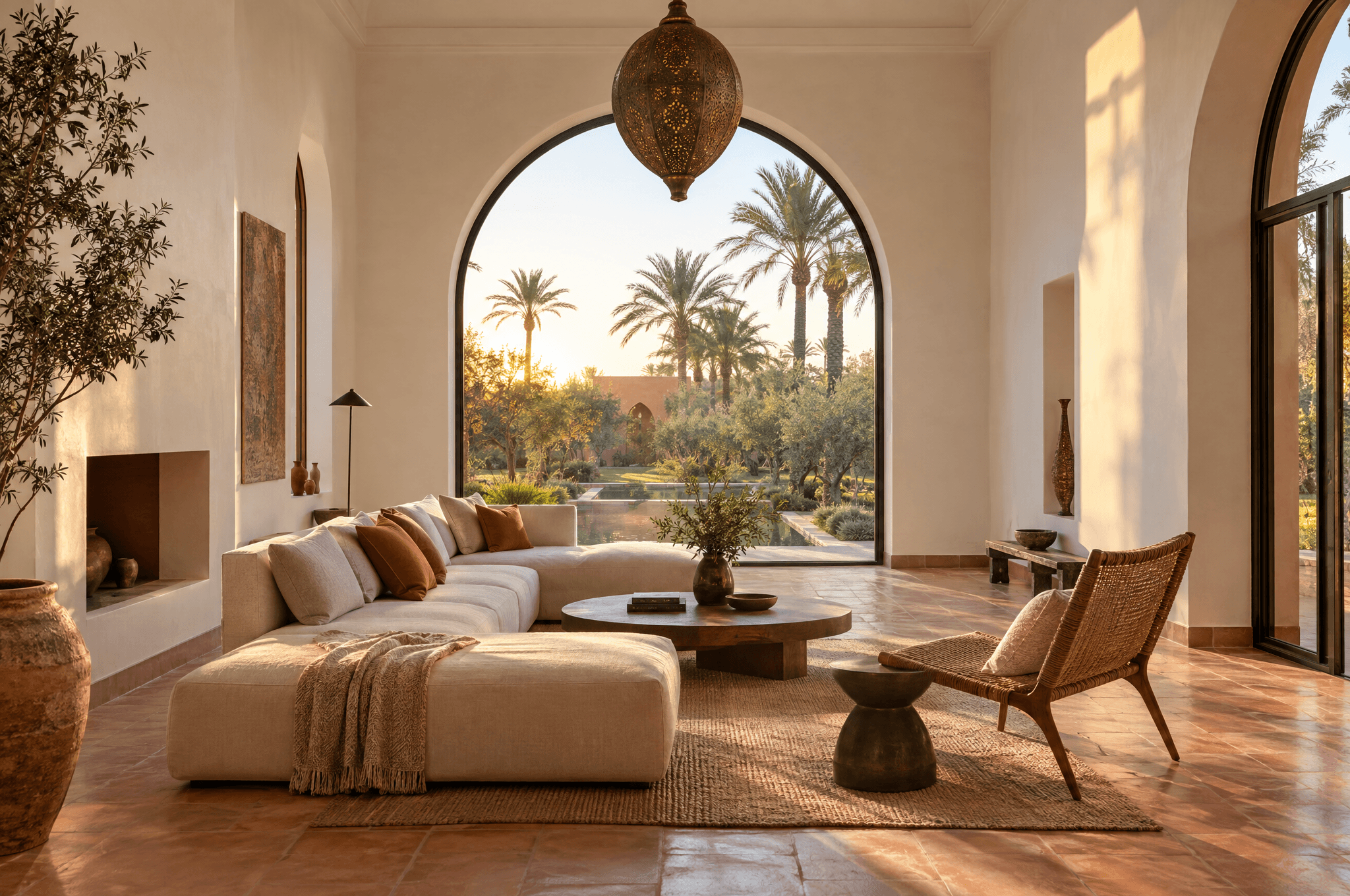 Un salon lumineux de villa marocaine avec une grande fenêtre en arche ouverte sur un jardin et des palmiers