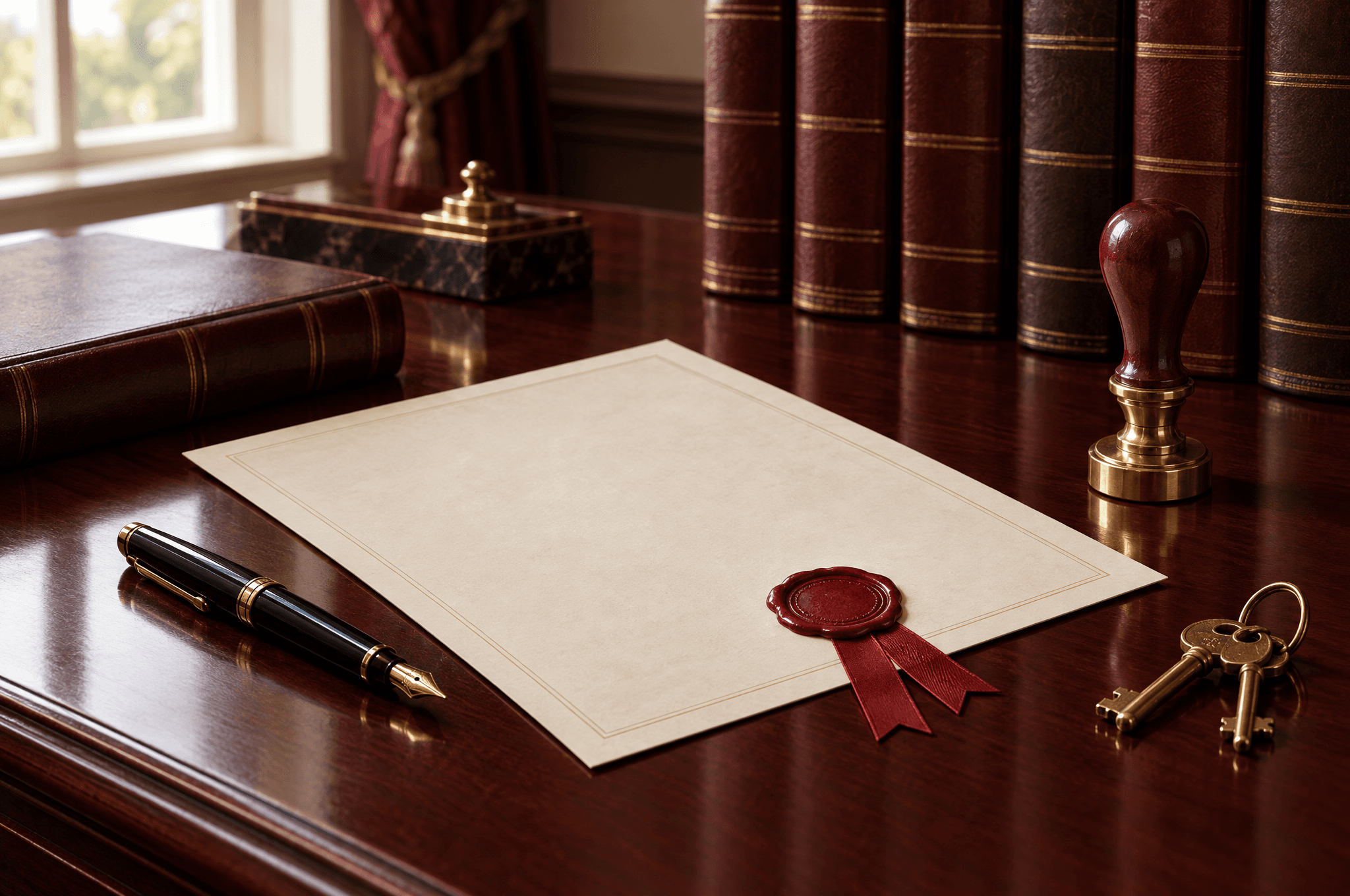 Un document vierge avec cachet de cire rouge et ruban, un tampon en laiton, un stylo plume et des clés sur un bureau en acajou, des livres reliés en arrière-plan