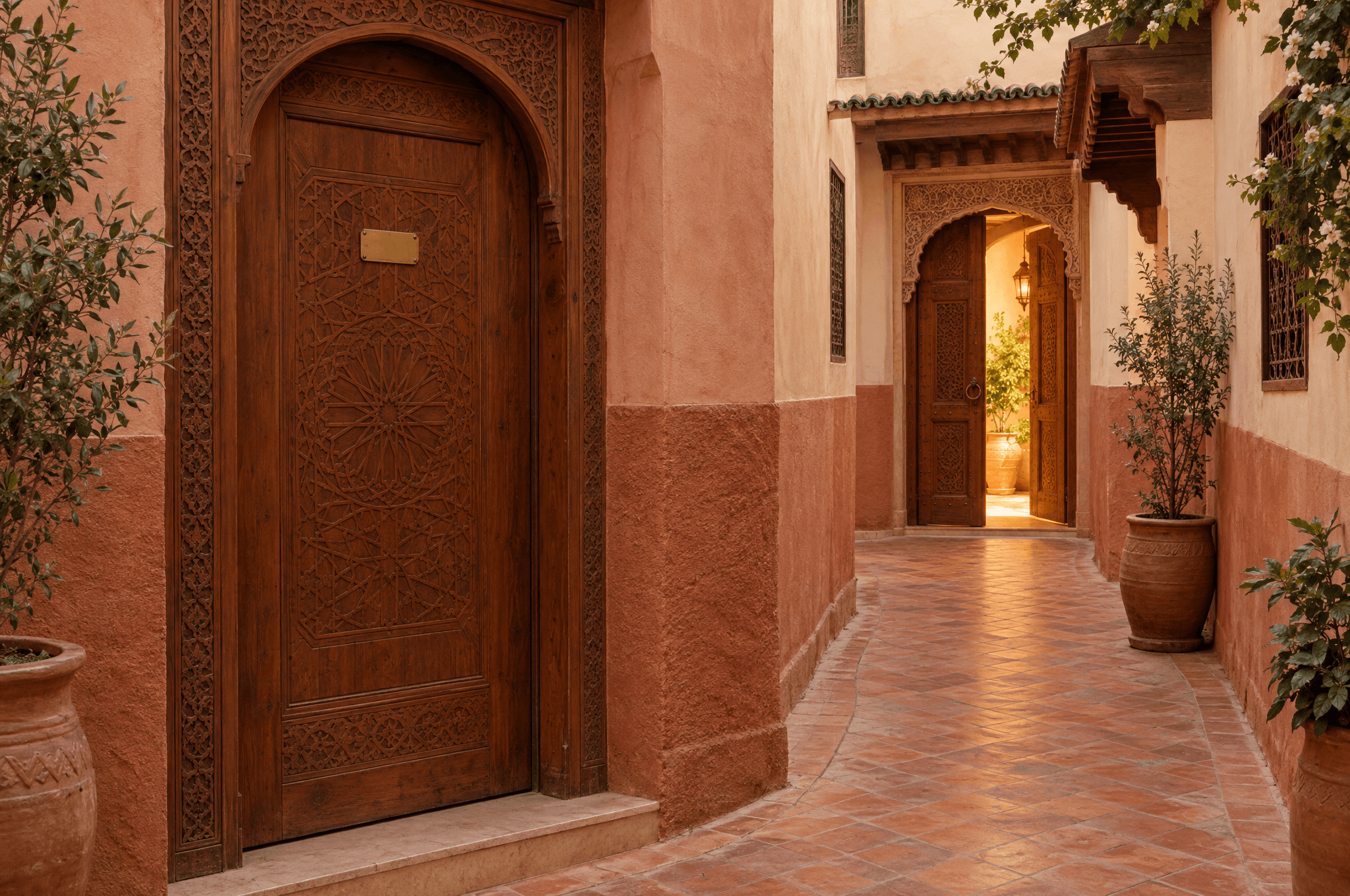 Une ruelle de médina avec une porte en cèdre fermée et un chemin de carreaux terre cuite qui la contourne vers une autre porte ouverte et lumineuse